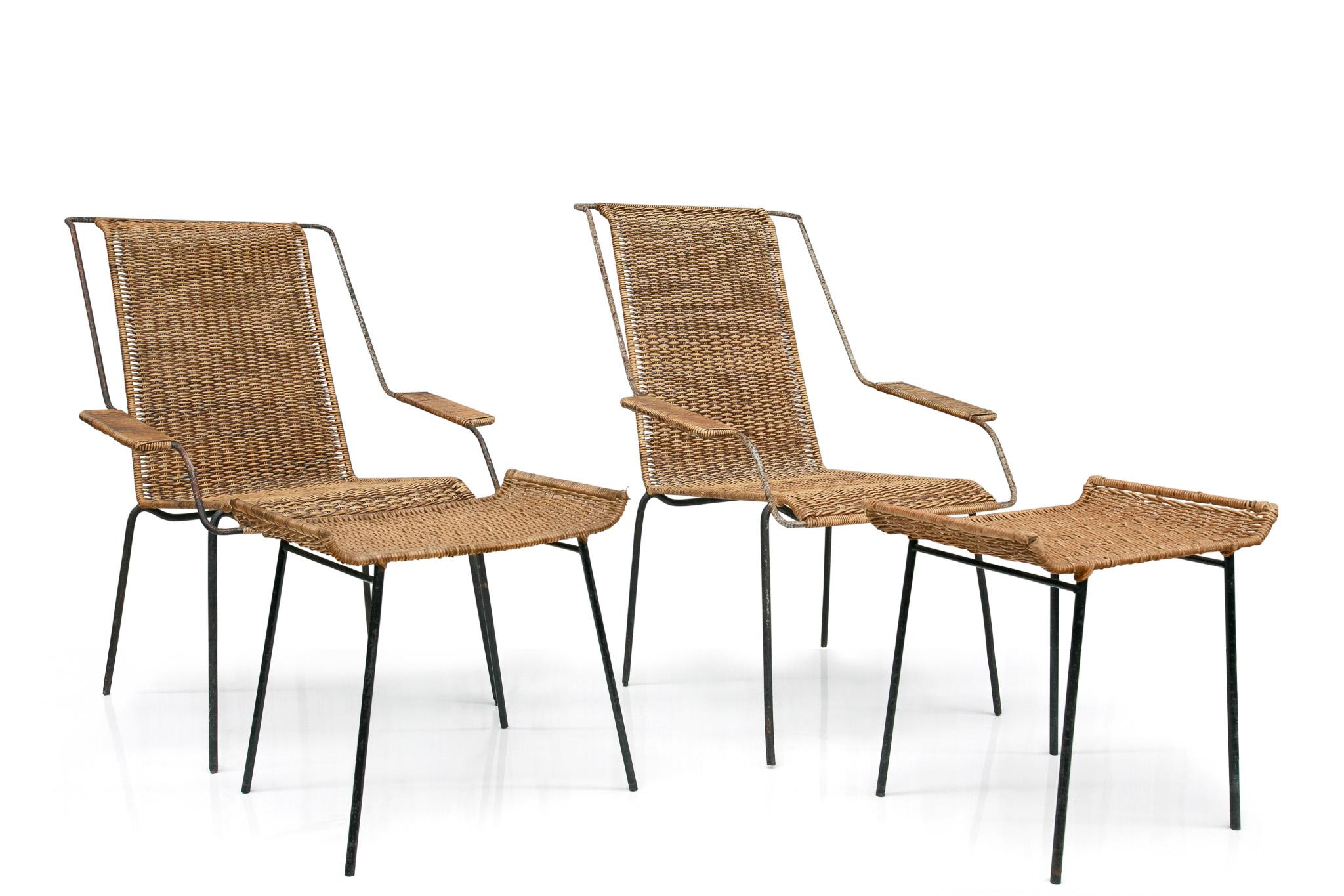 Brazilian Modern Armchairs & Stools Set in Cane & Iron Att. Carlo Hauner, 1950s In Good Condition For Sale In New York, NY