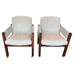 Brazilian Modern Armchairs with Wheels in Hardwood & Velvet, Sergio Rodrigues