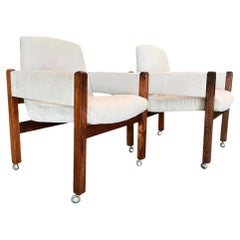 Brazilian Modern Armchairs with Wheels in Hardwood & Velvet, Sergio Rodrigues