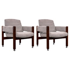 Brazilian Modern Armchairs with Wheels in Hardwood & Velvet, Sergio Rodrigues