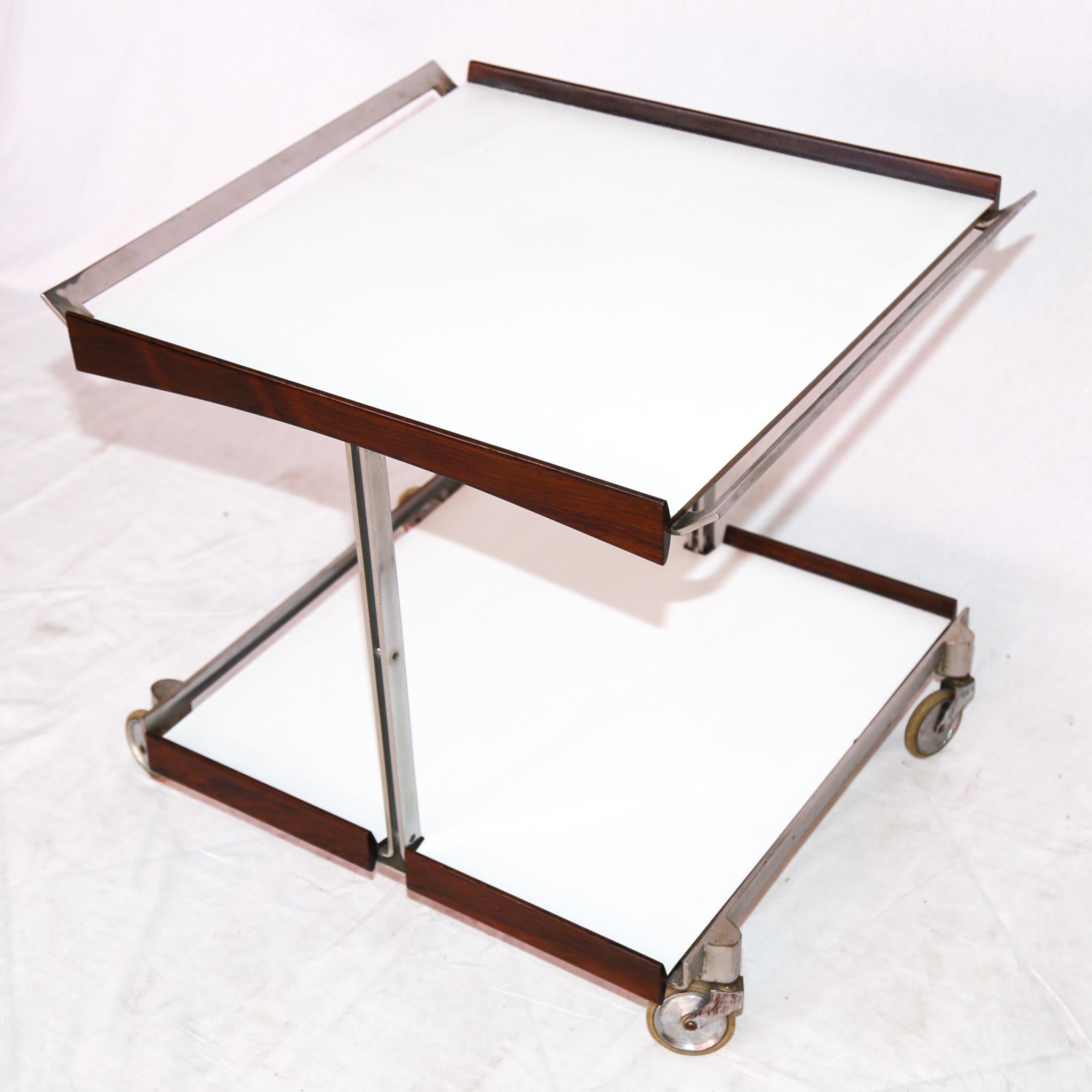 Mid-20th Century Brazilian Modern Bar Cart in Hardwood, Chrome, and White Formica by Forma, 1960s For Sale