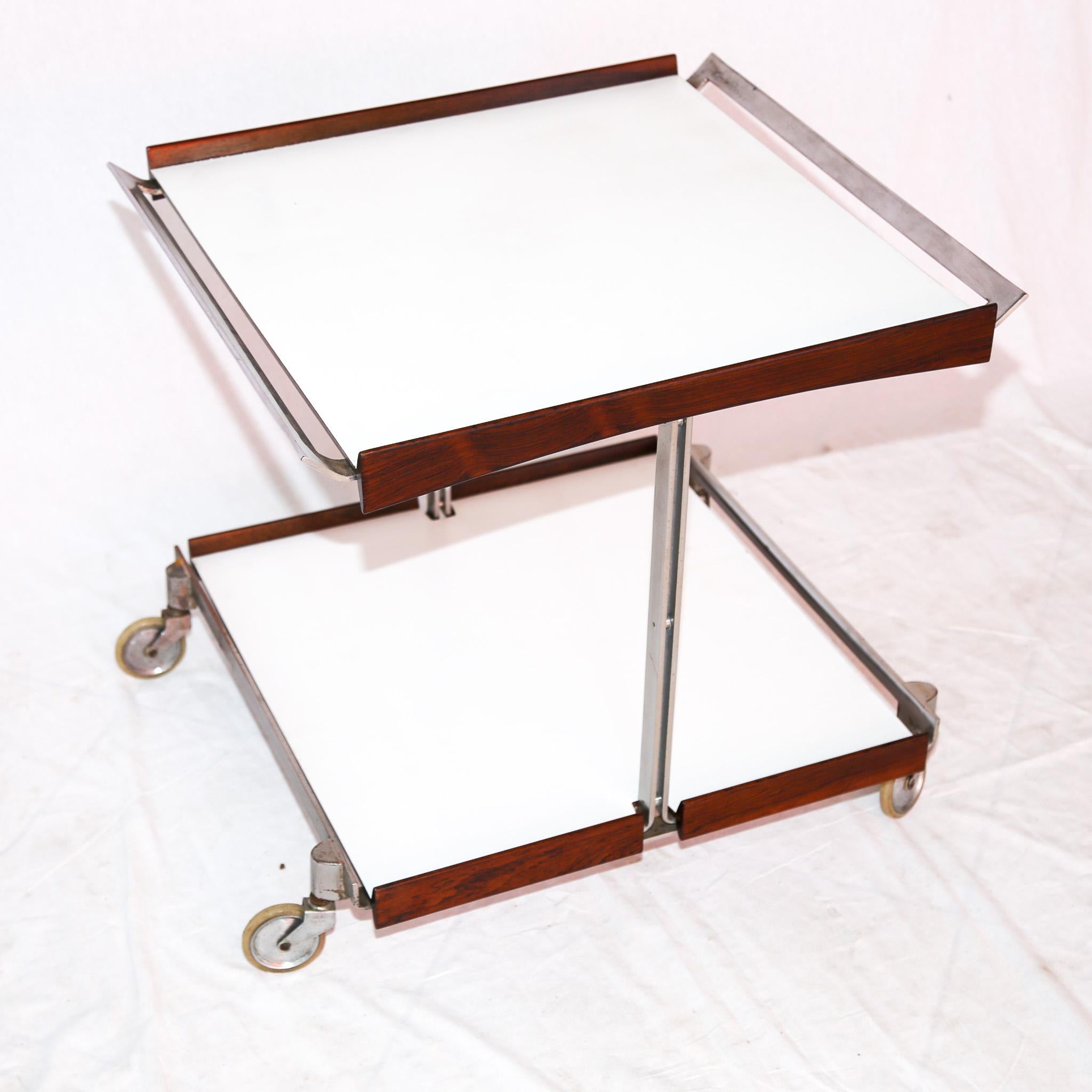 Brazilian Modern Bar Cart in Hardwood, Chrome, and White Formica by Forma, 1960s For Sale 1