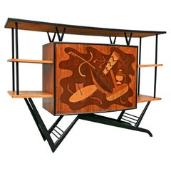 Used Brazilian Modern Bar in Hardwood & Party Motif Marquetry, Unknown, 1950s, Brazil