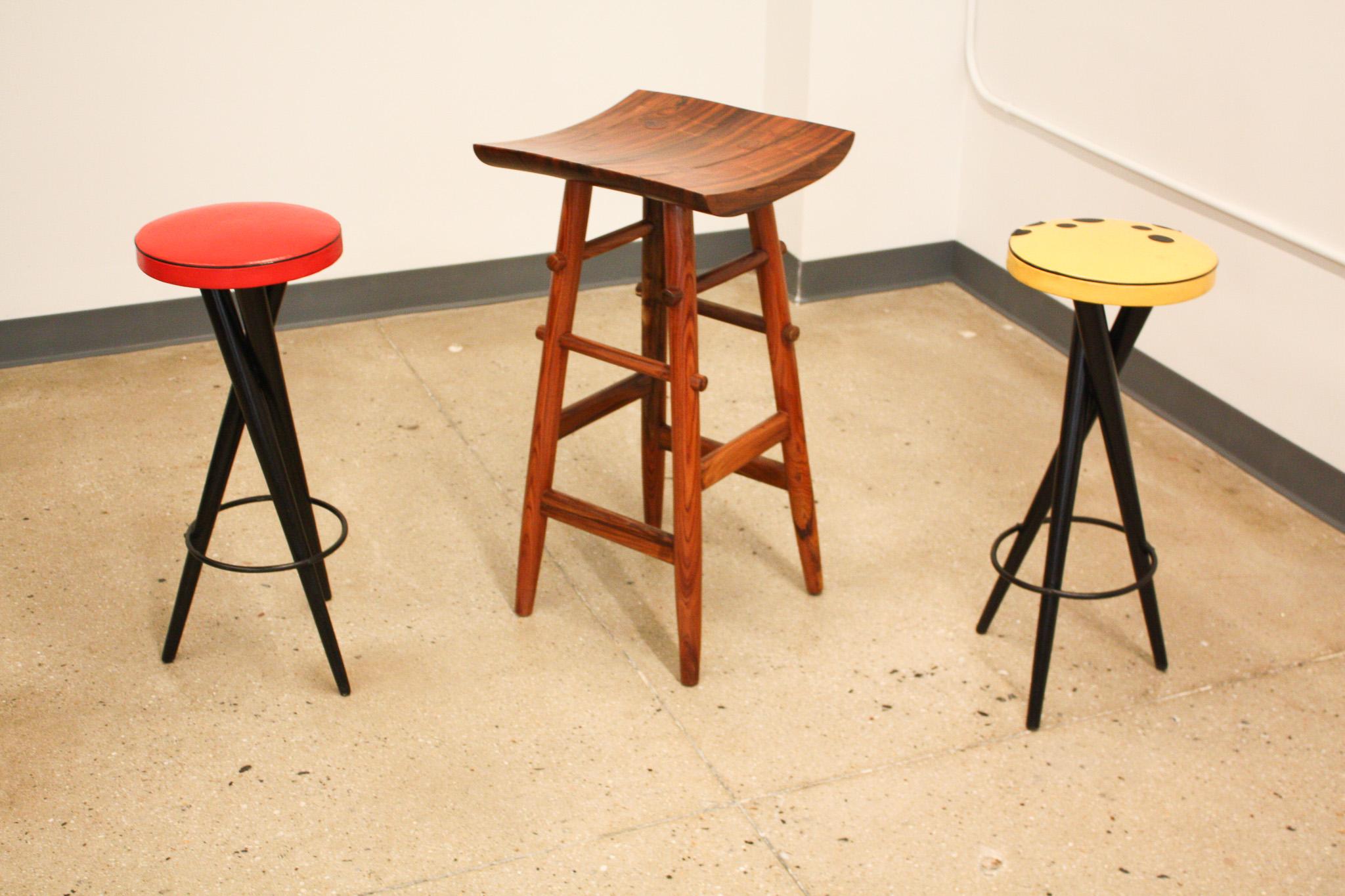 Woodwork Brazilian Modern Bar Stools in Hardwood & Red & Yellow Leather S, Brazil, 1950s For Sale