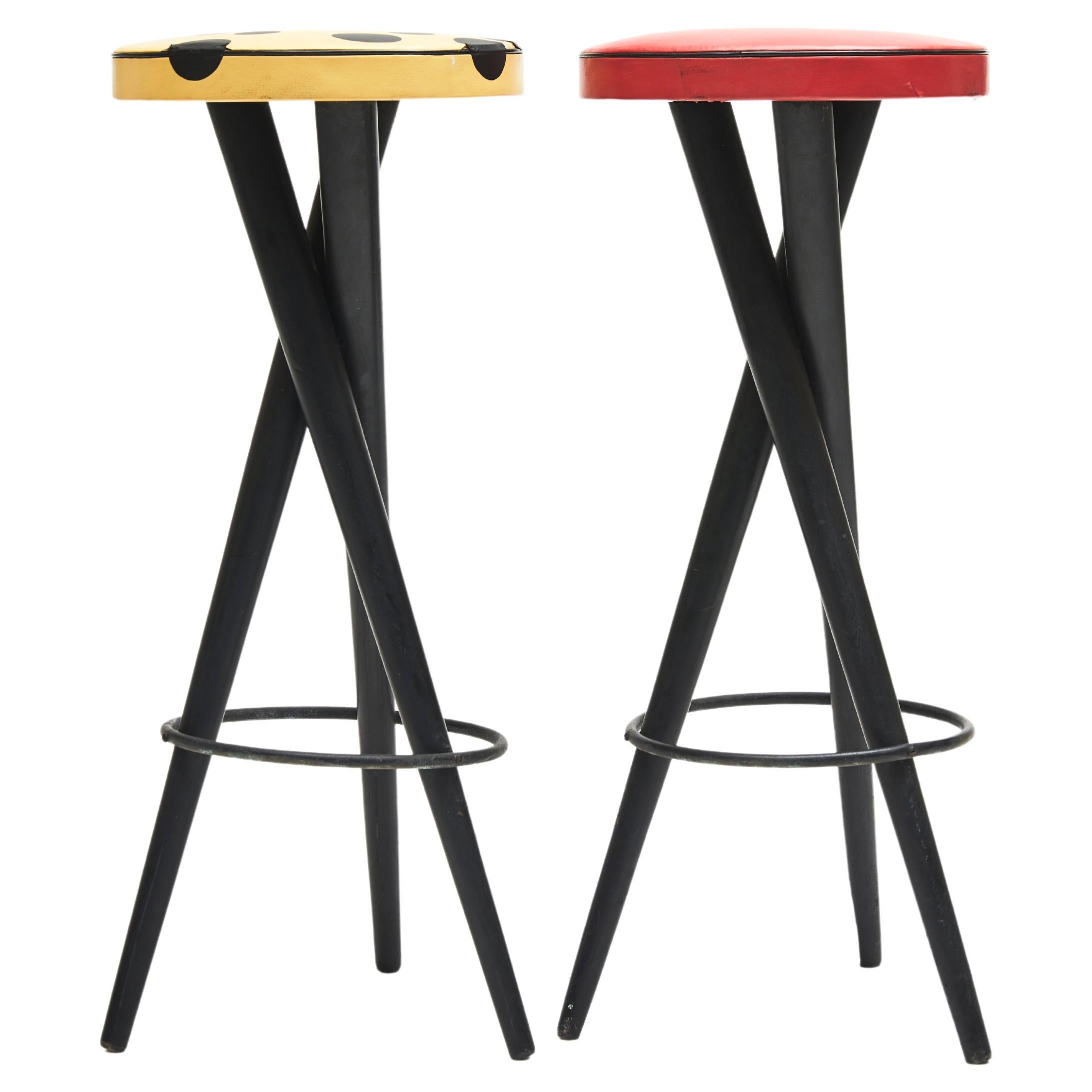 Brazilian Modern Bar Stools in Hardwood & Red & Yellow Leather S, Brazil, 1950s For Sale