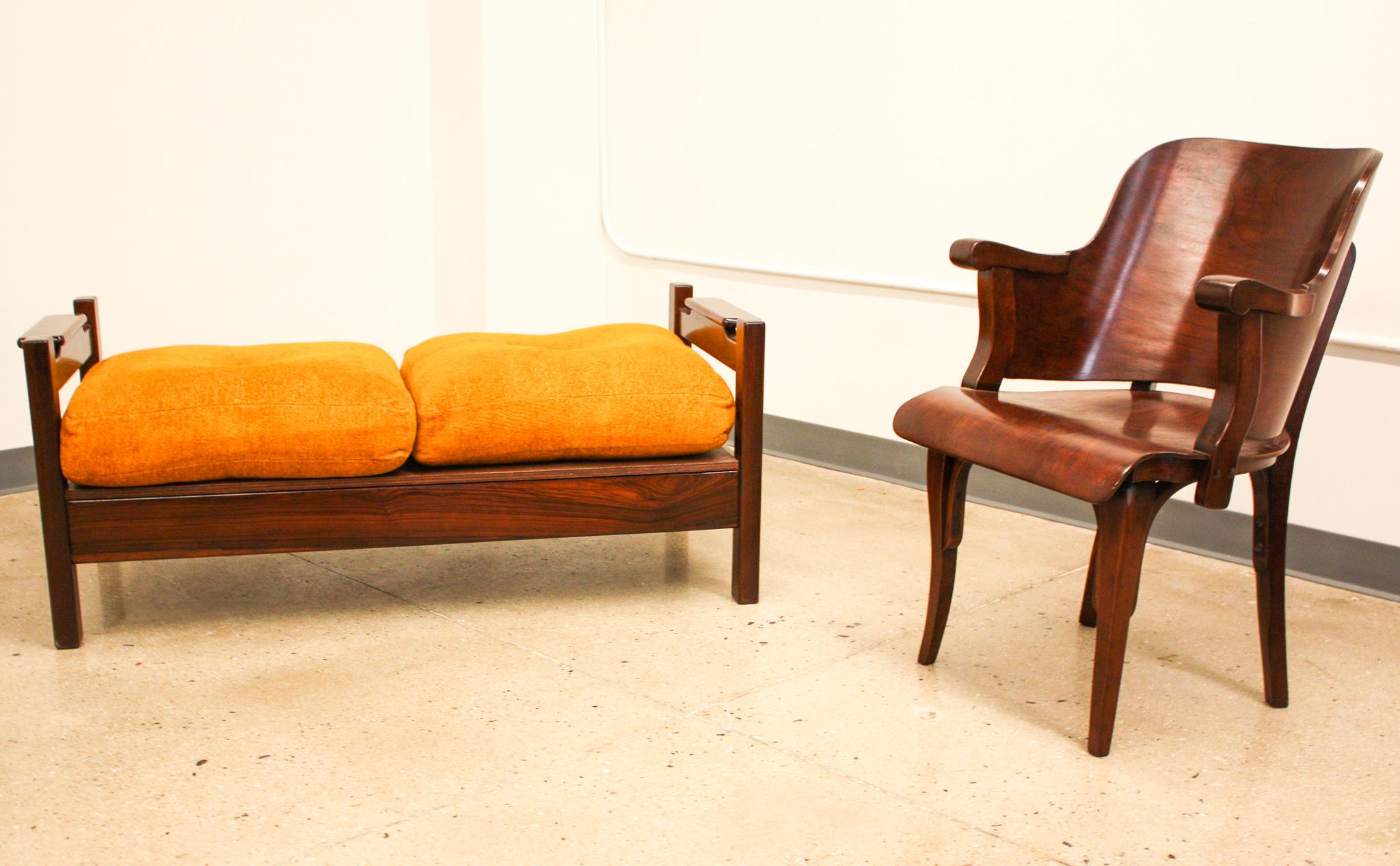 Brazilian Modern Bench in Hardwood & Orange Cushions by Fatima, 1960s, Brazil 3