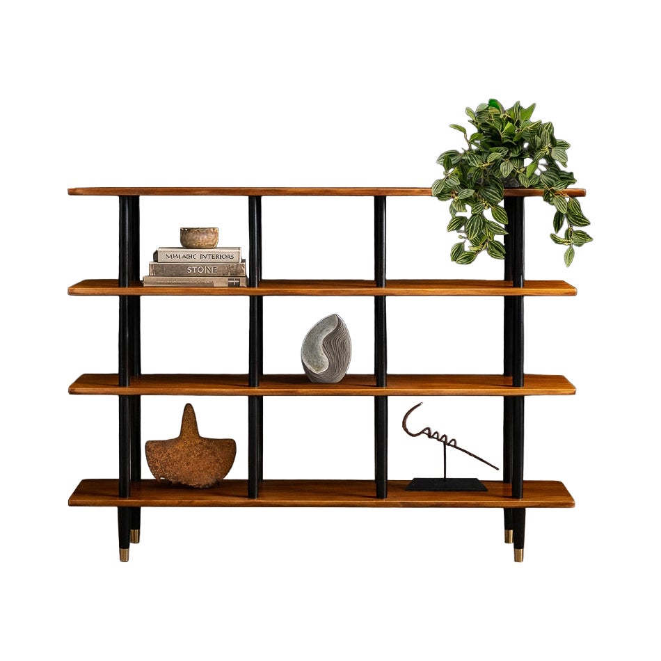 Brazilian Modern Bookshelf in Ebonized Pau Marfim with Bronze Sabots, Valerio