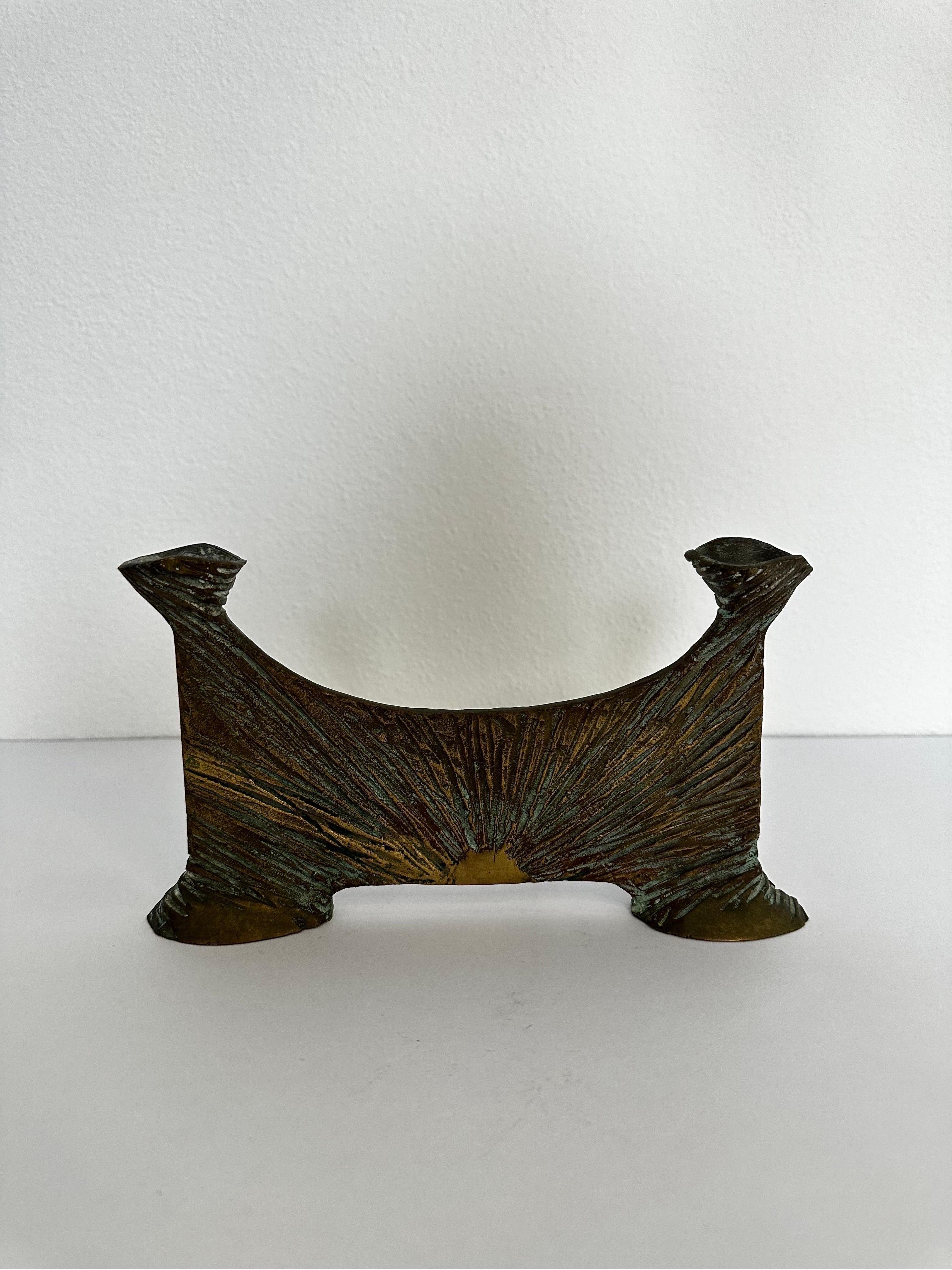 Mid-Century Brazilian modern bronze candle stick holder with rising sun design.  Unsigned.