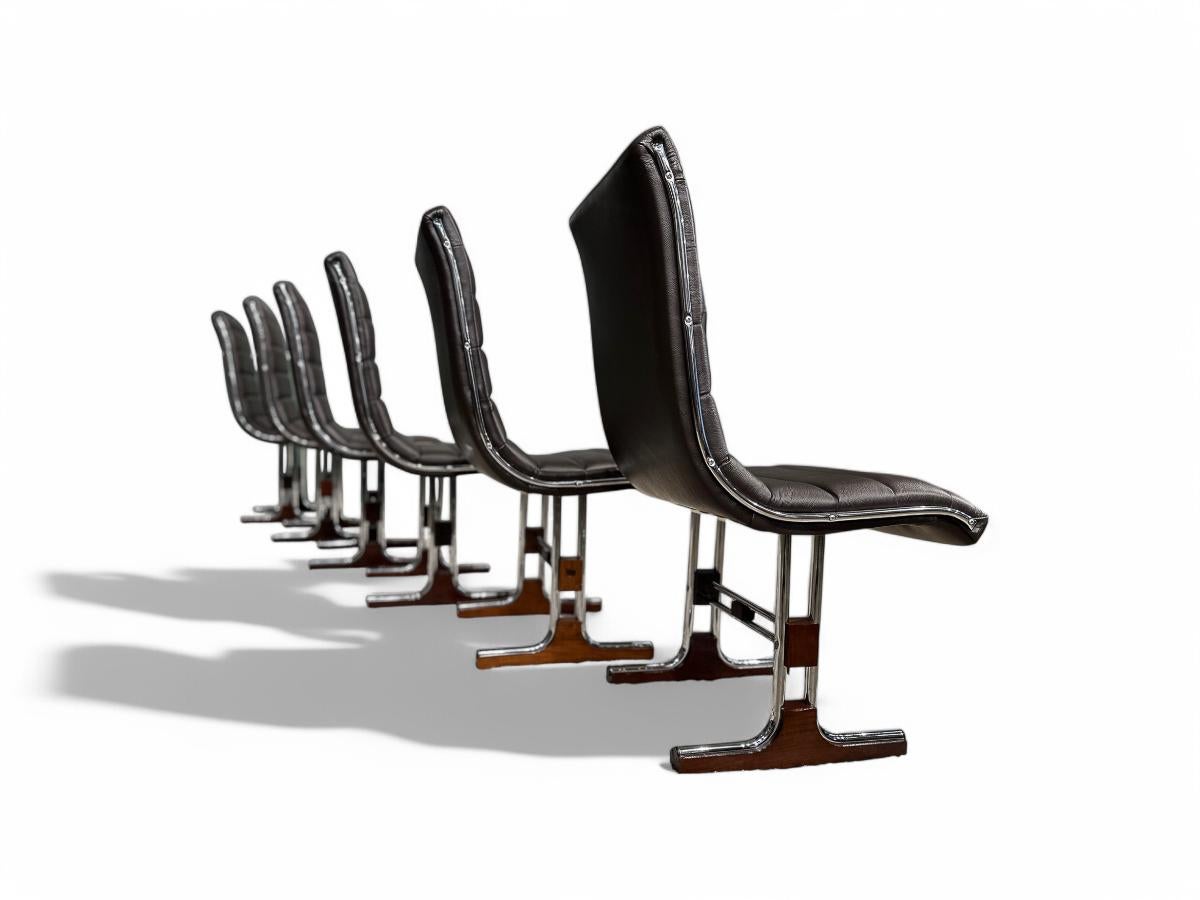 Brazilian Modern Chair Set in Leather, Chrome and Hardwood, by Braszenski, 1970s In Good Condition For Sale In New York, NY