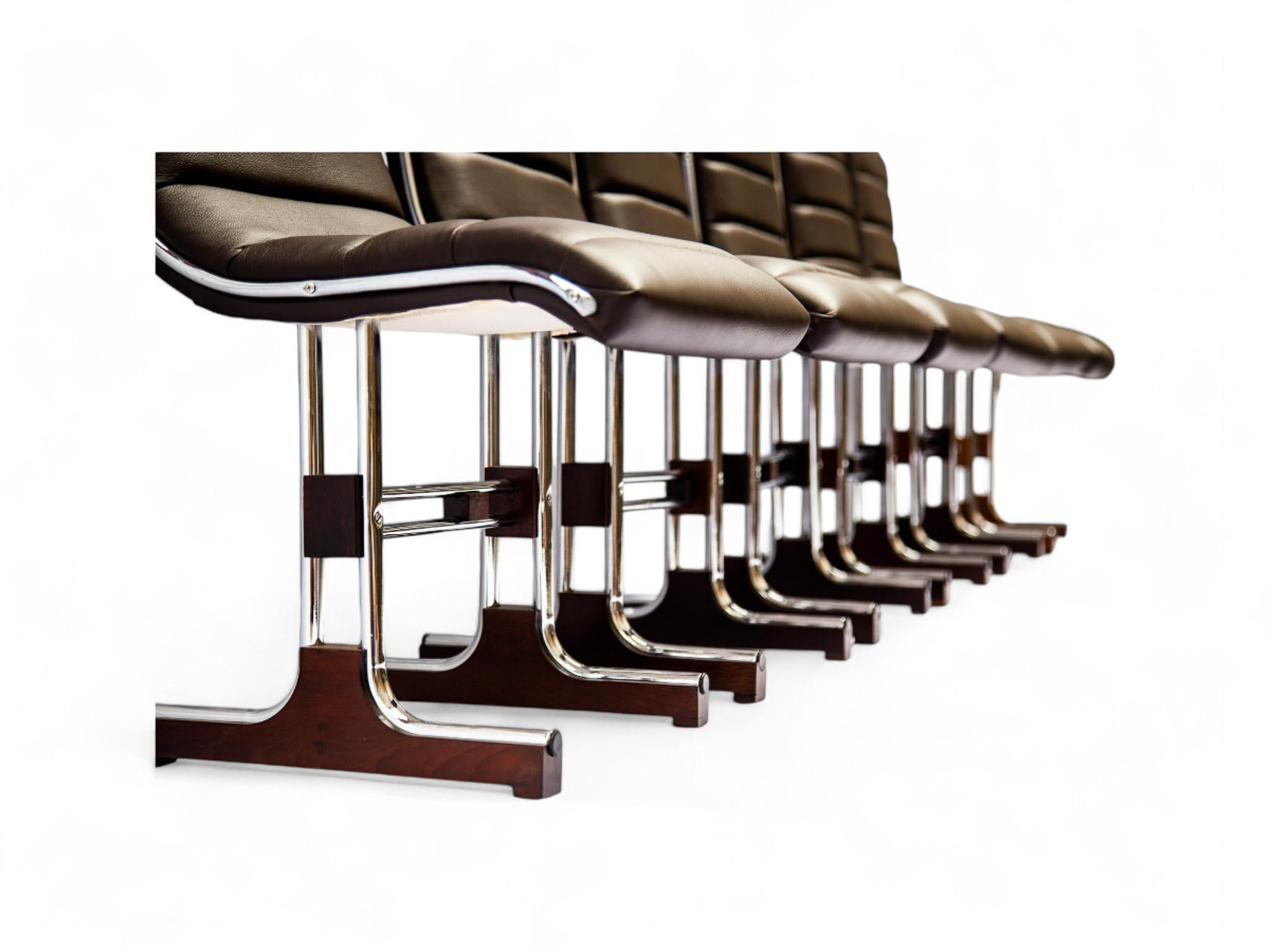 Brazilian Modern Chair Set in Leather, Chrome and Hardwood, by Braszenski, 1970s For Sale 4