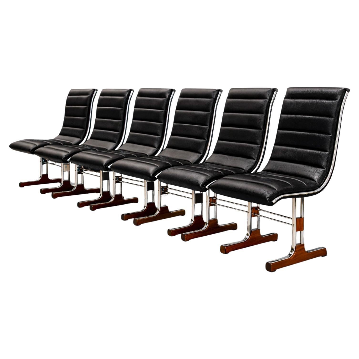 Brazilian Modern Chair Set in Leather, Chrome and Hardwood, by Braszenski, 1970s For Sale