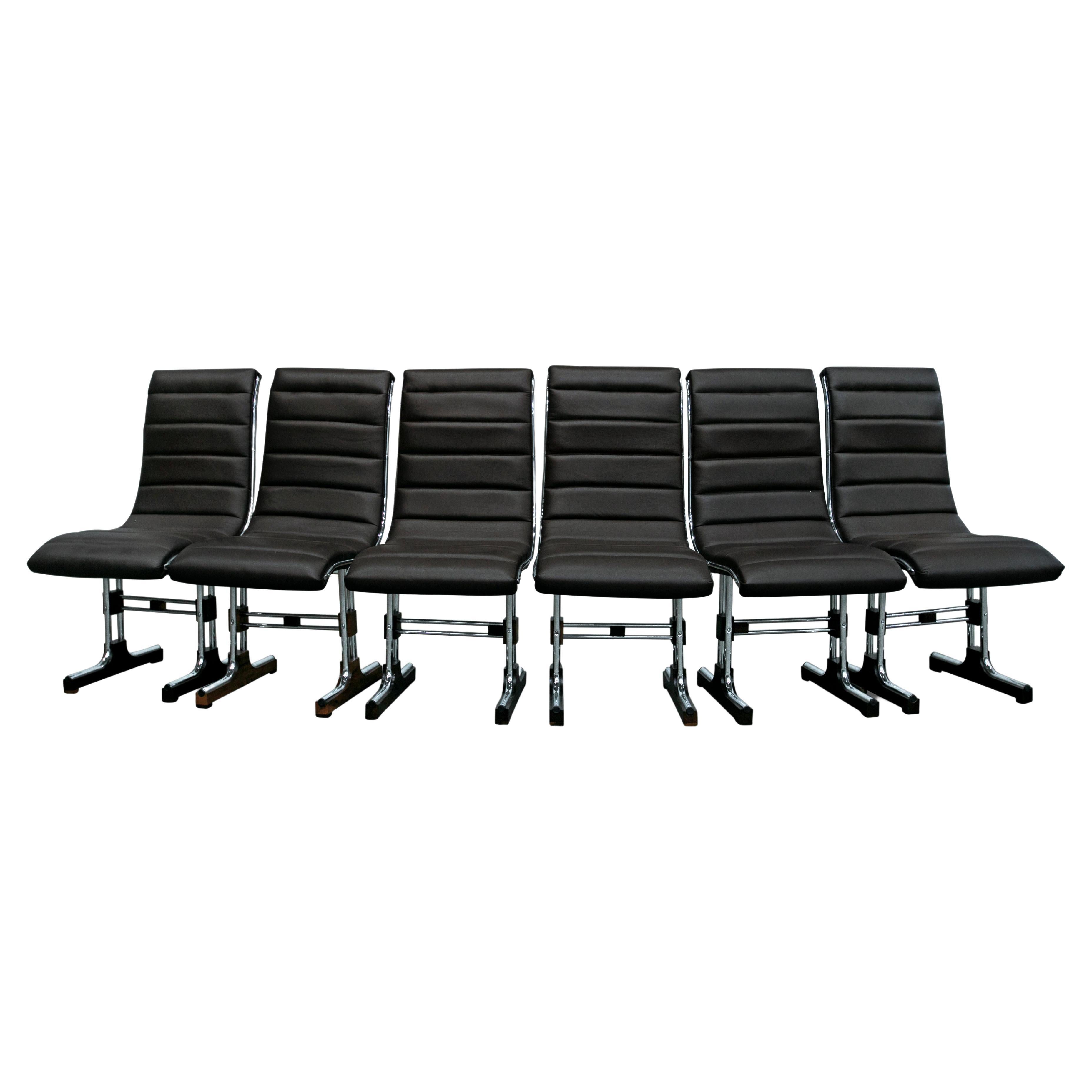 Brazilian Modern Chair Set in Leather, Chrome and Hardwood, by Braszenski, 1970s For Sale