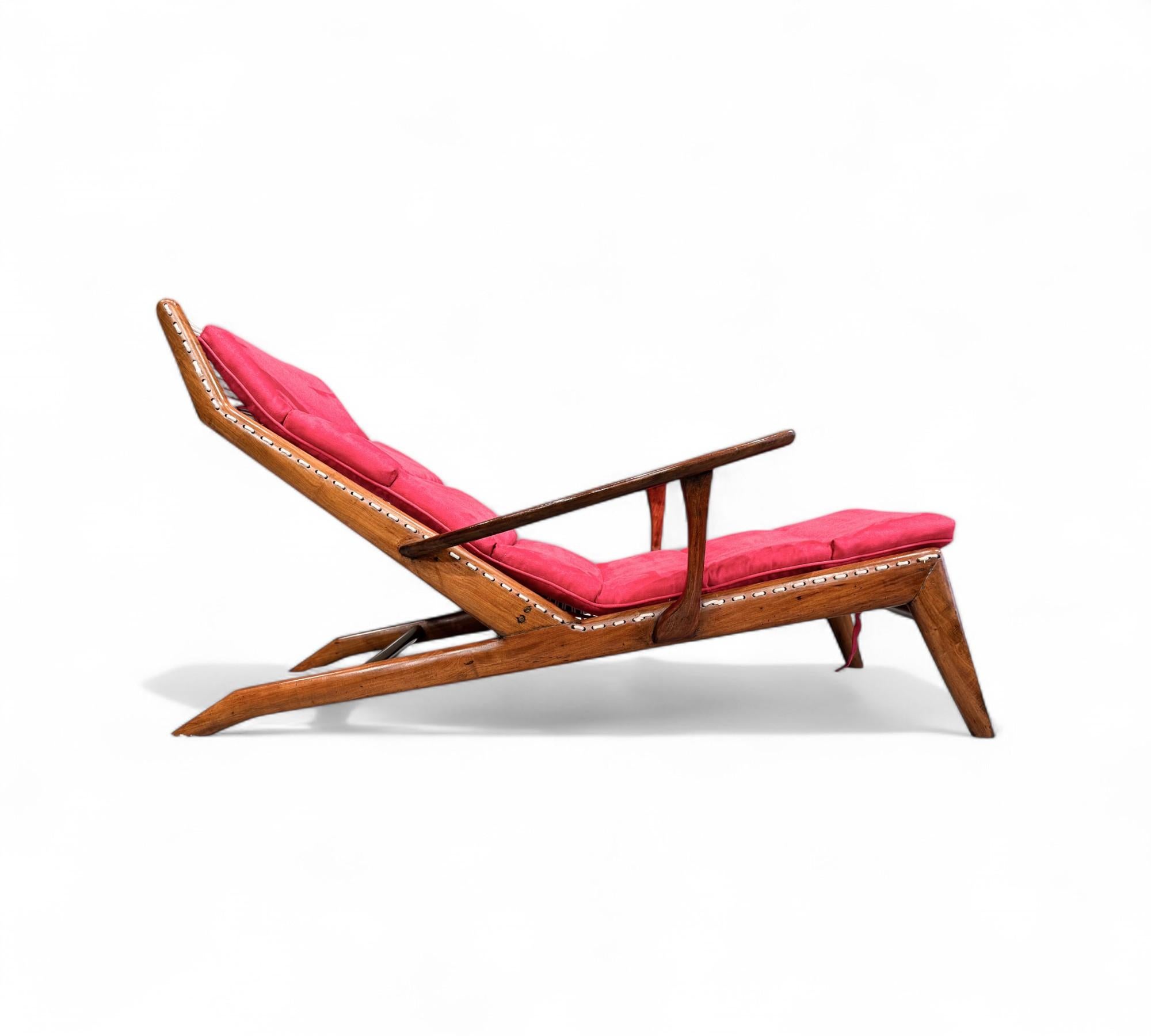 Available today, this very unique chaise lounge was designed and executed by Pierre Weckxx in Brazil in the 1950s. 

The chaise boasts a structure entirely made in Caviuna wood, rope and one single  loose cushion tied to the wooden frame. The design