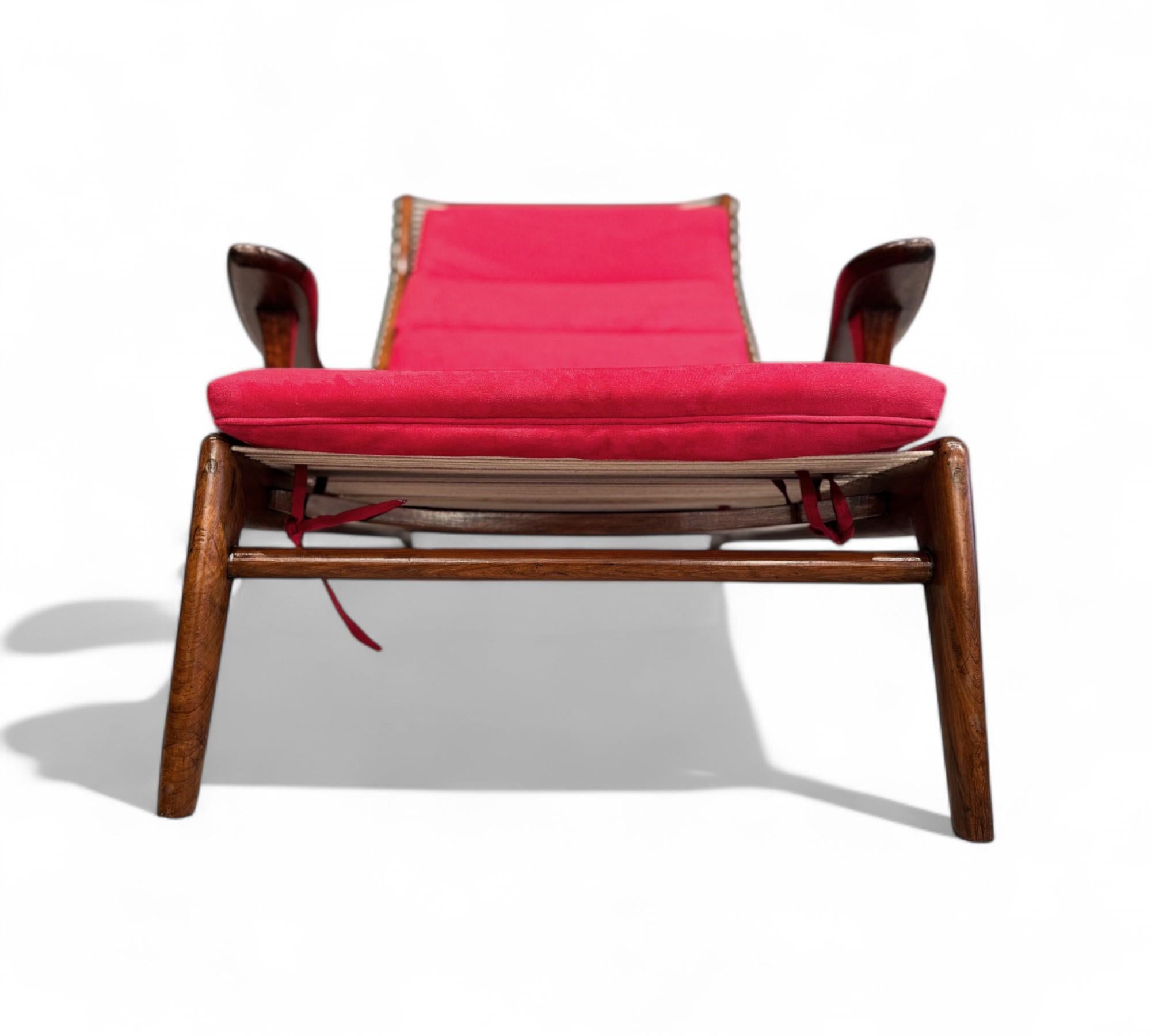 Hand-Painted Brazilian Modern Chaise in Caviuna wood & Ultrasuede, Pierre Weck, 1950s For Sale