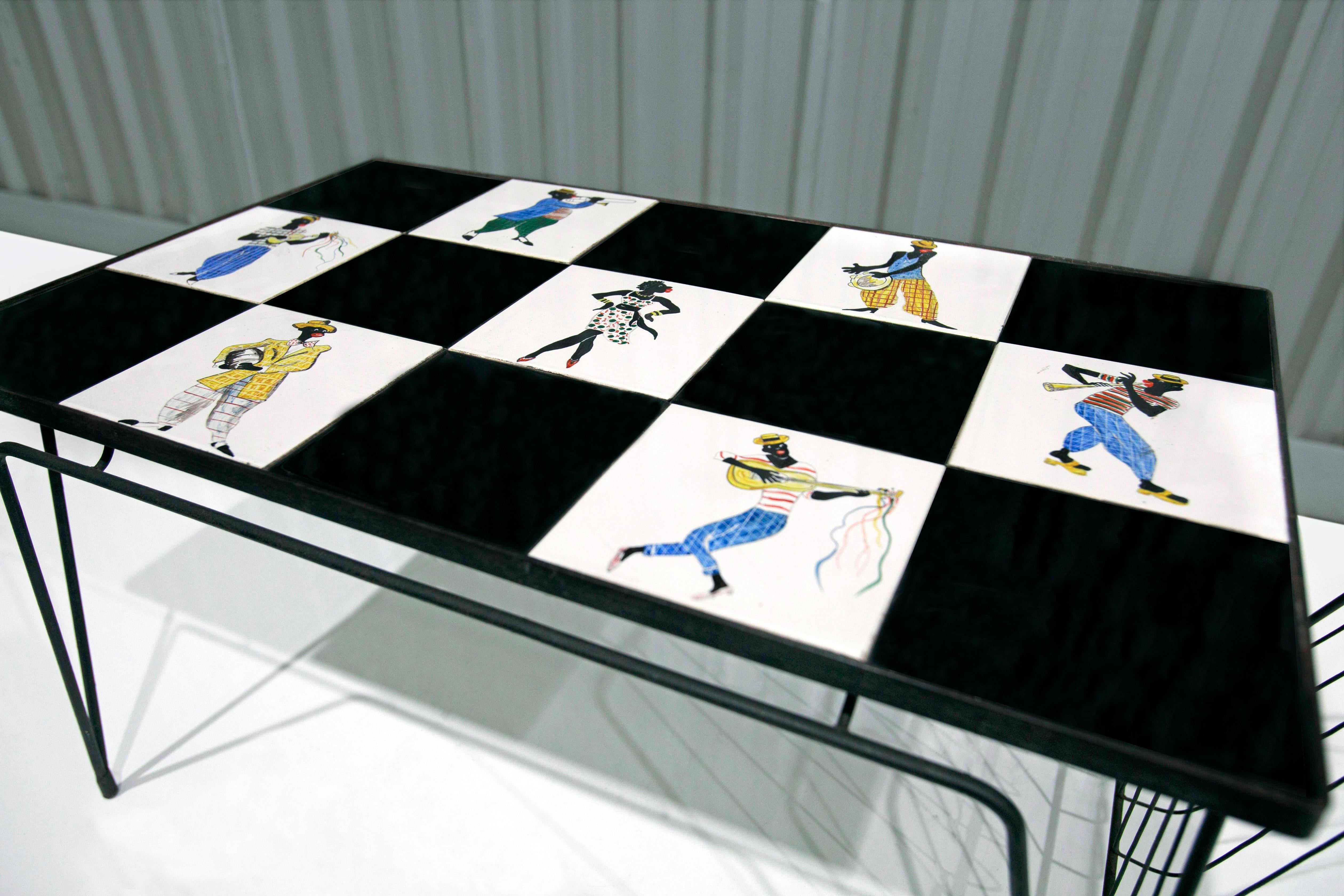 Mid-Century Modern Brazilian Modern Checkered Coffee Table in Metal & Tile w. Illustration, 1950s For Sale