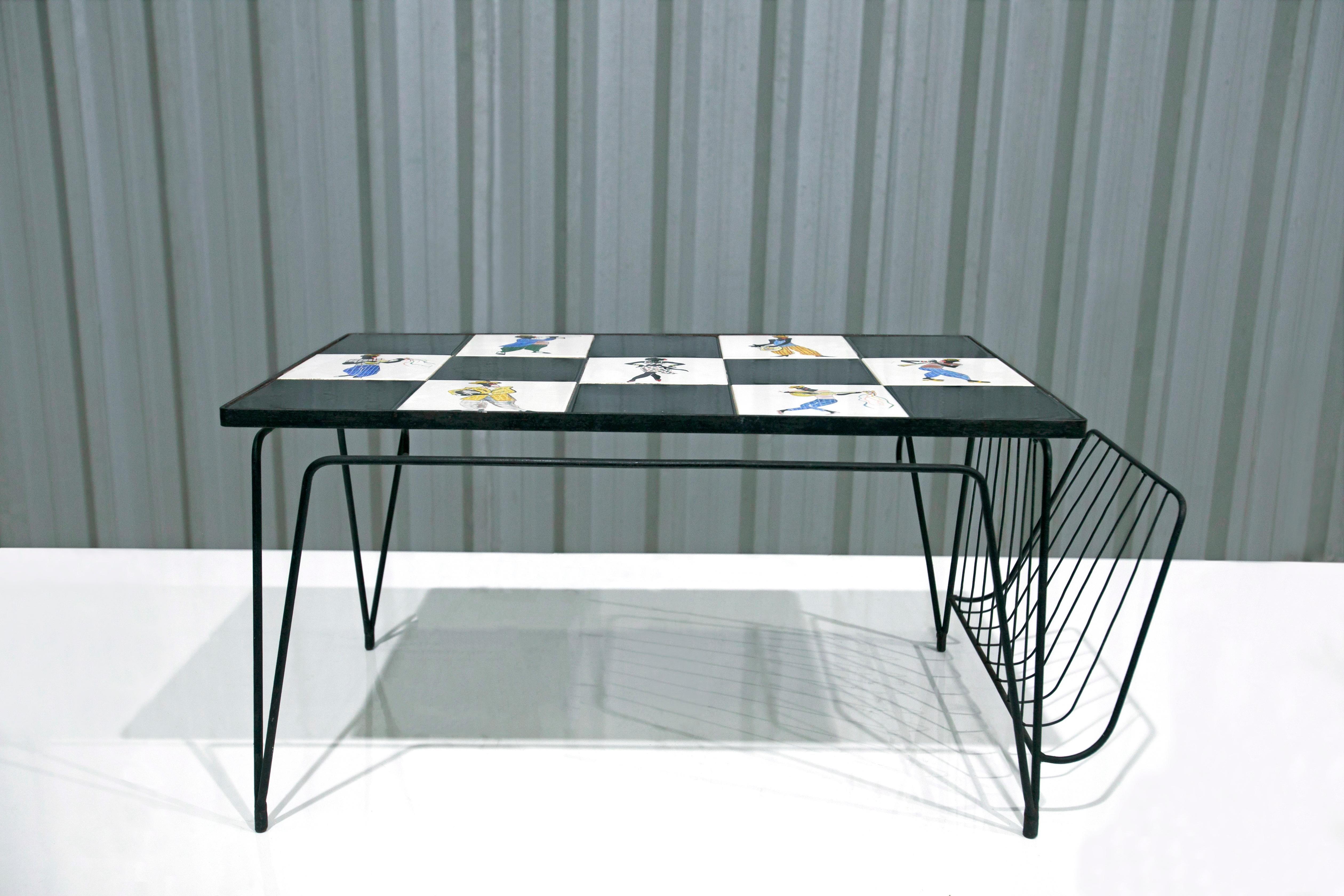 Metalwork Brazilian Modern Checkered Coffee Table in Metal & Tile w. Illustration, 1950s For Sale