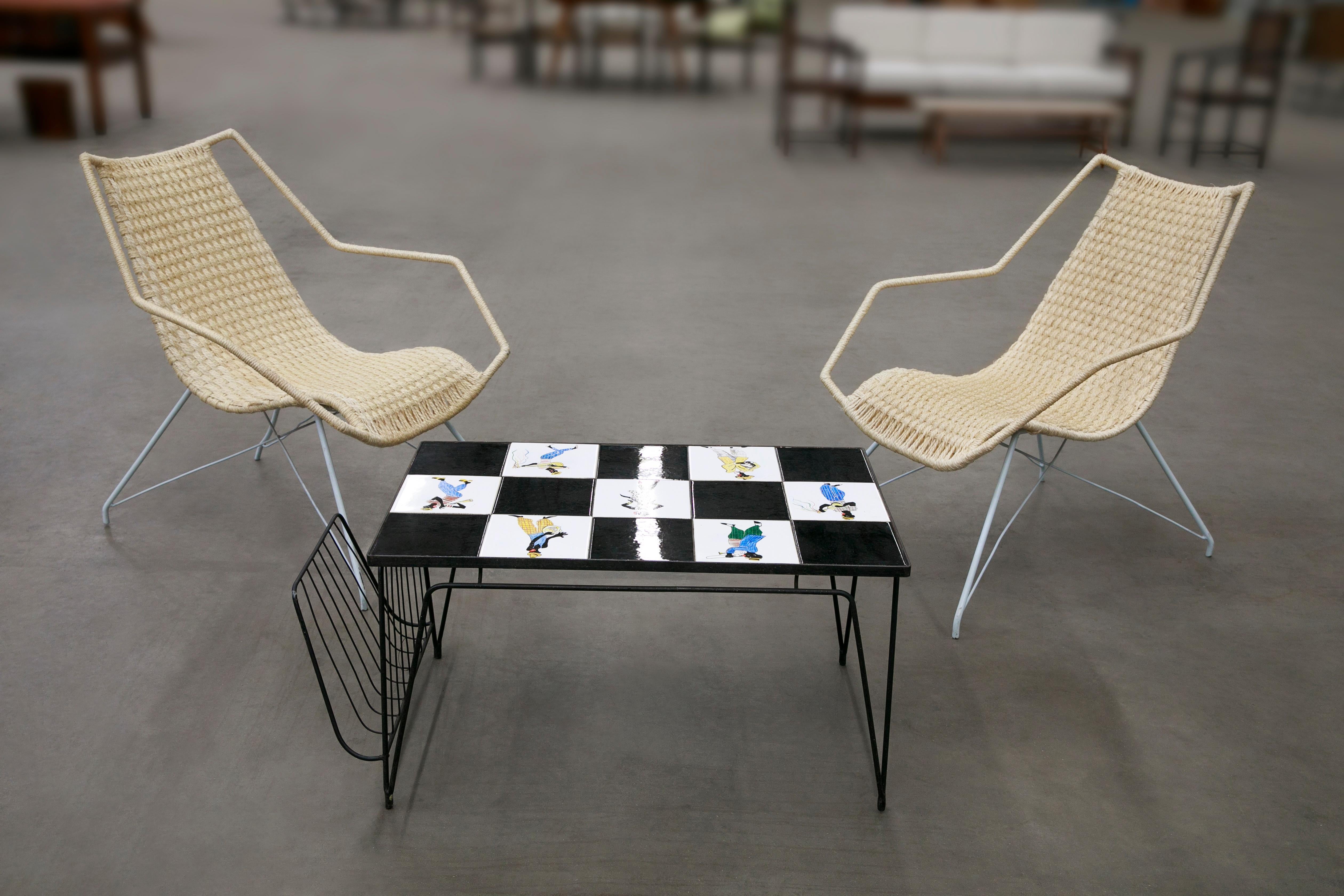 Brazilian Modern Checkered Coffee Table in Metal & Tile w. Illustration, 1950s In Good Condition For Sale In New York, NY