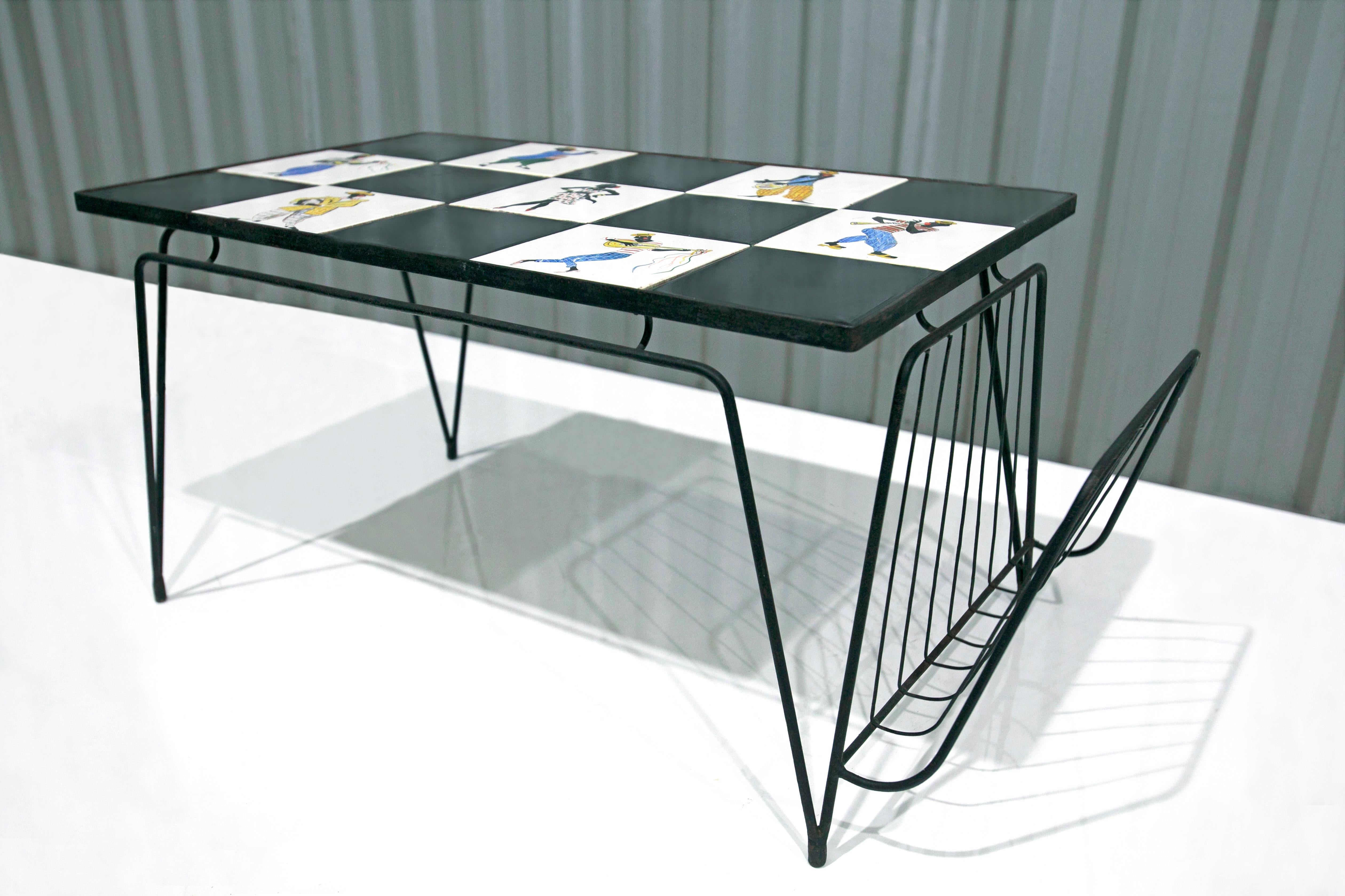 Mid-20th Century Brazilian Modern Checkered Coffee Table in Metal & Tile w. Illustration, 1950s For Sale