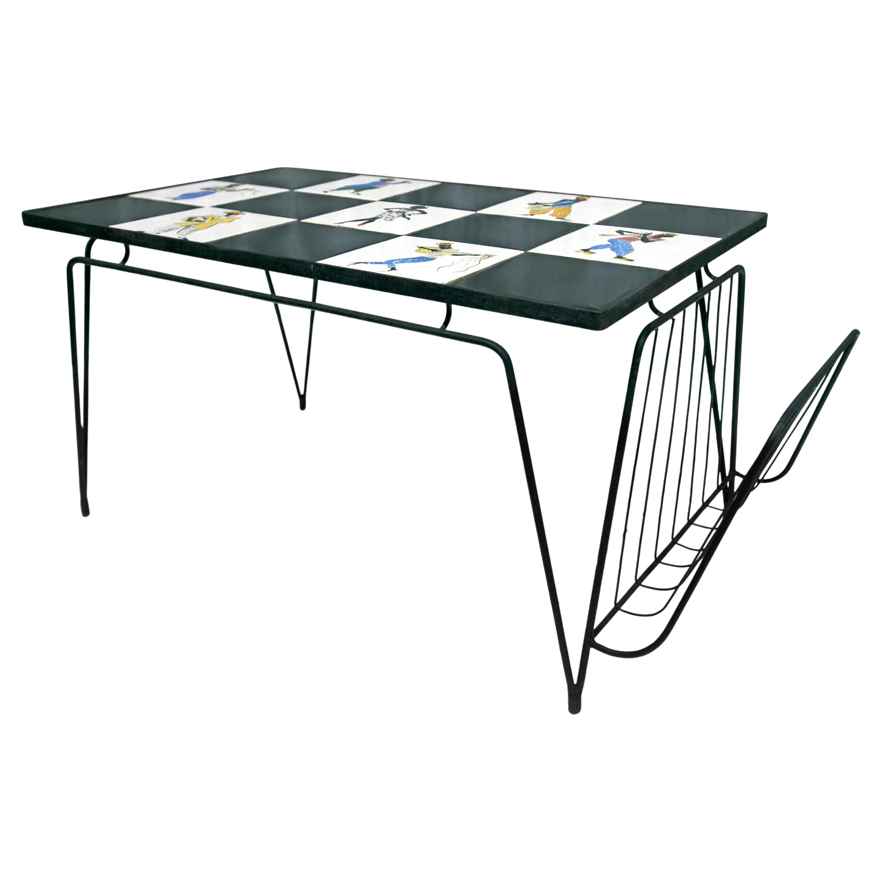 Brazilian Modern Checkered Coffee Table in Metal & Tile w. Illustration, 1950s For Sale