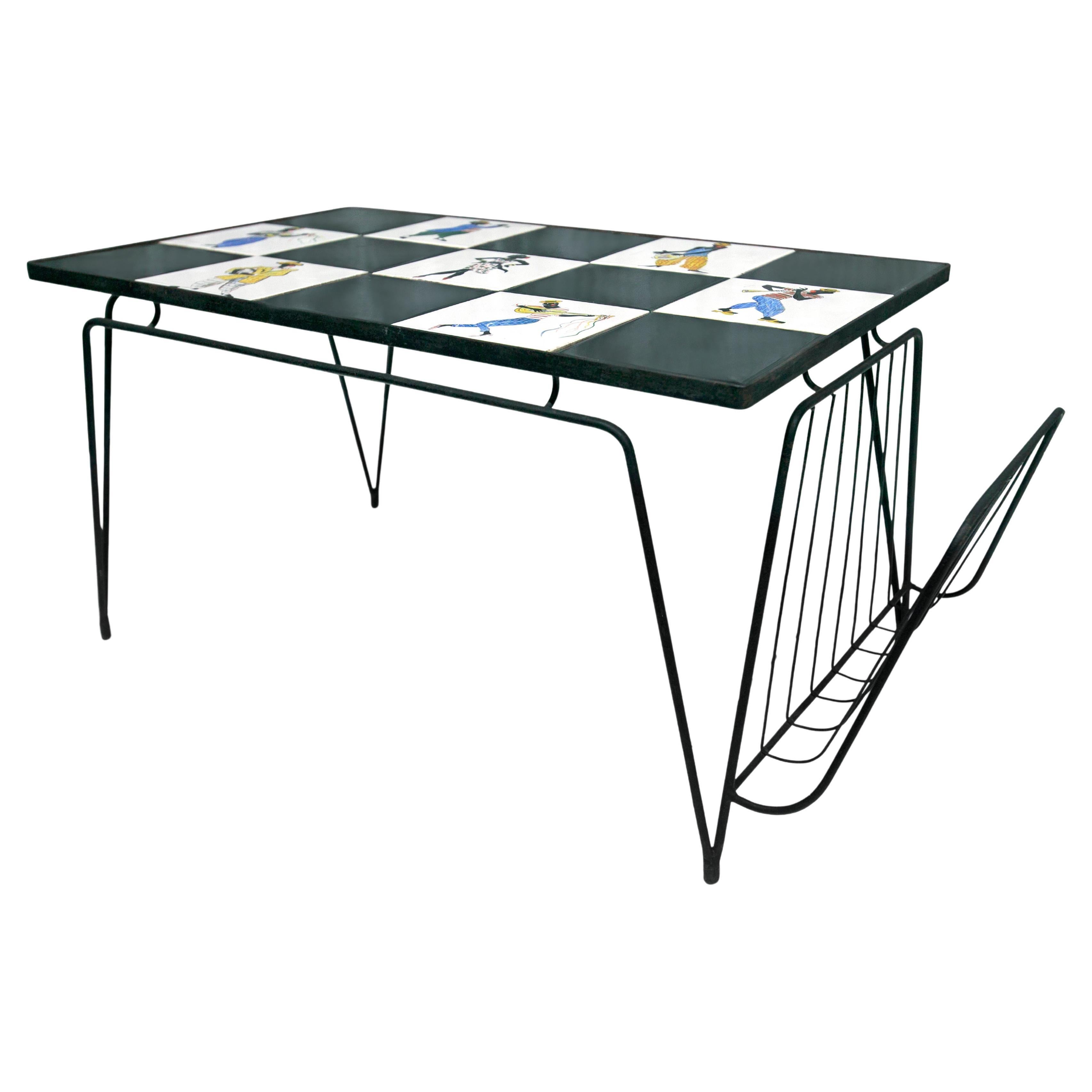 Brazilian Modern Checkered Coffee Table in Metal & Tile w. Illustration, 1950s