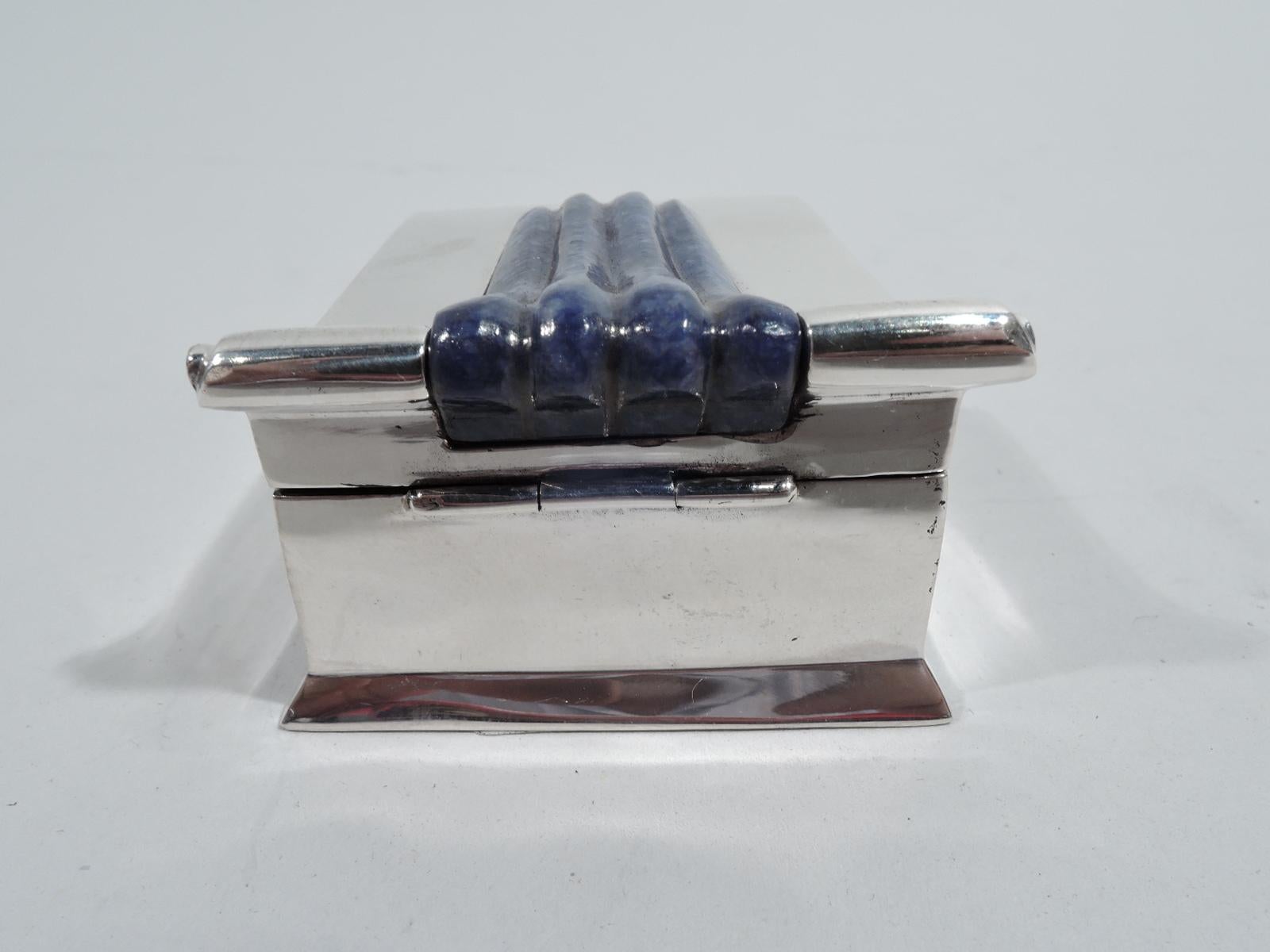 Modern Classical 950 silver pillbox. Trapezoidal with spread base. Cover hinged and inset with lapis lazuli flutes. Fully marked including stamp for Vancox, a Brazilian jeweler.