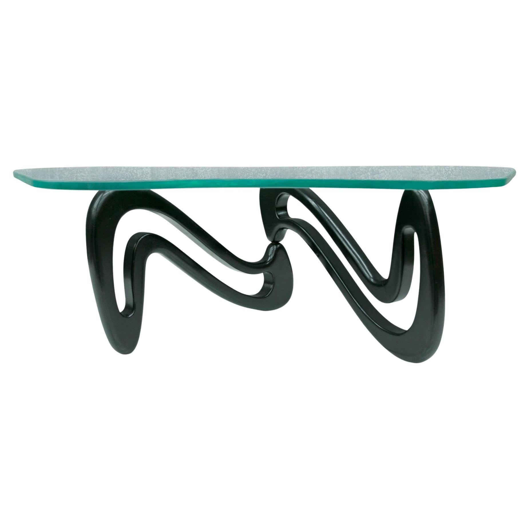 South American Brazilian Modern Coffee Table Acqua in Ebony Wood & Glass by G.Scapinelli, 1950s For Sale