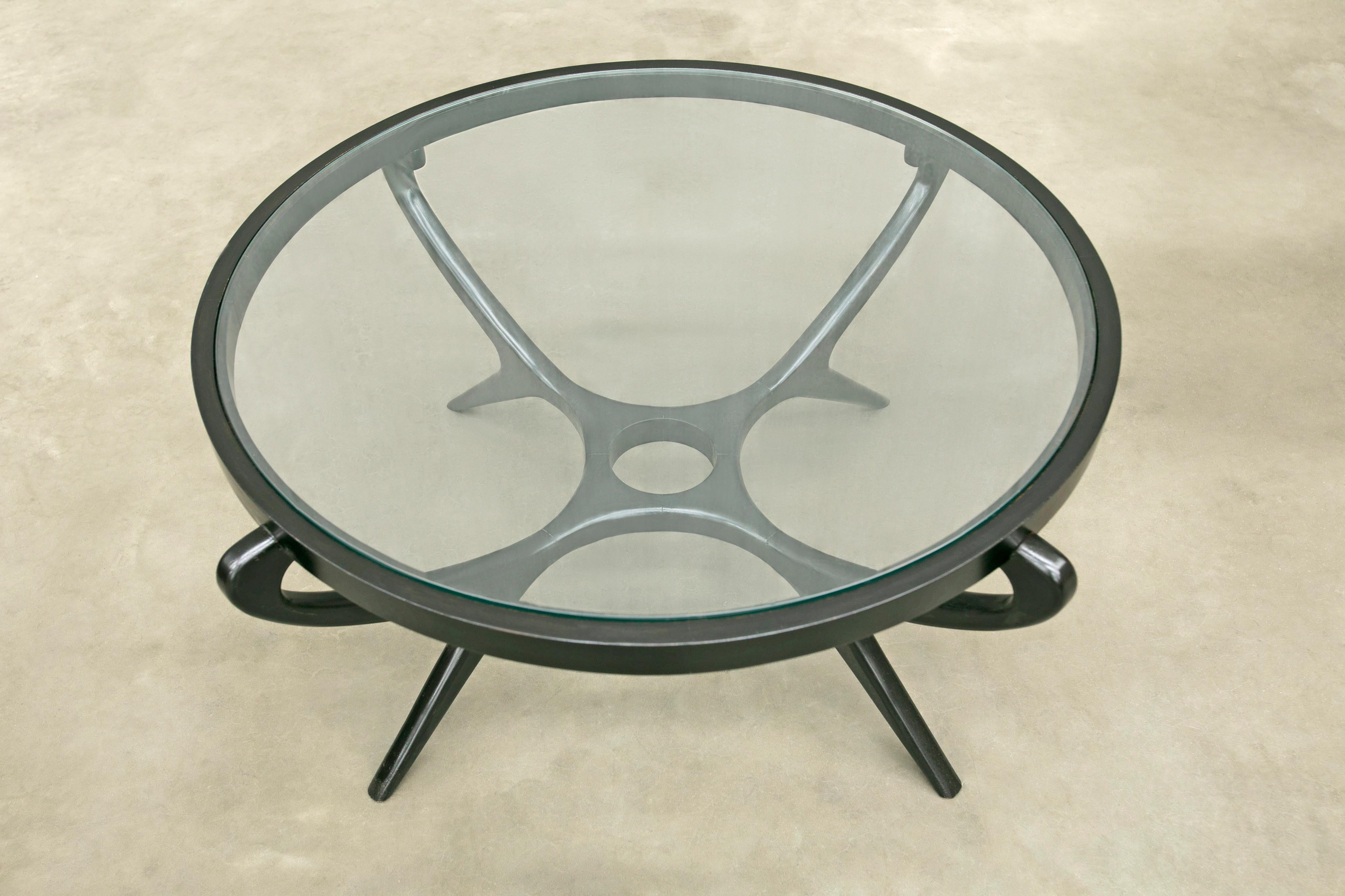 Brazilian Modern Coffee Table in Ebony Hardwood & Glass by G.Scapinelli, Brazil In Good Condition In New York, NY