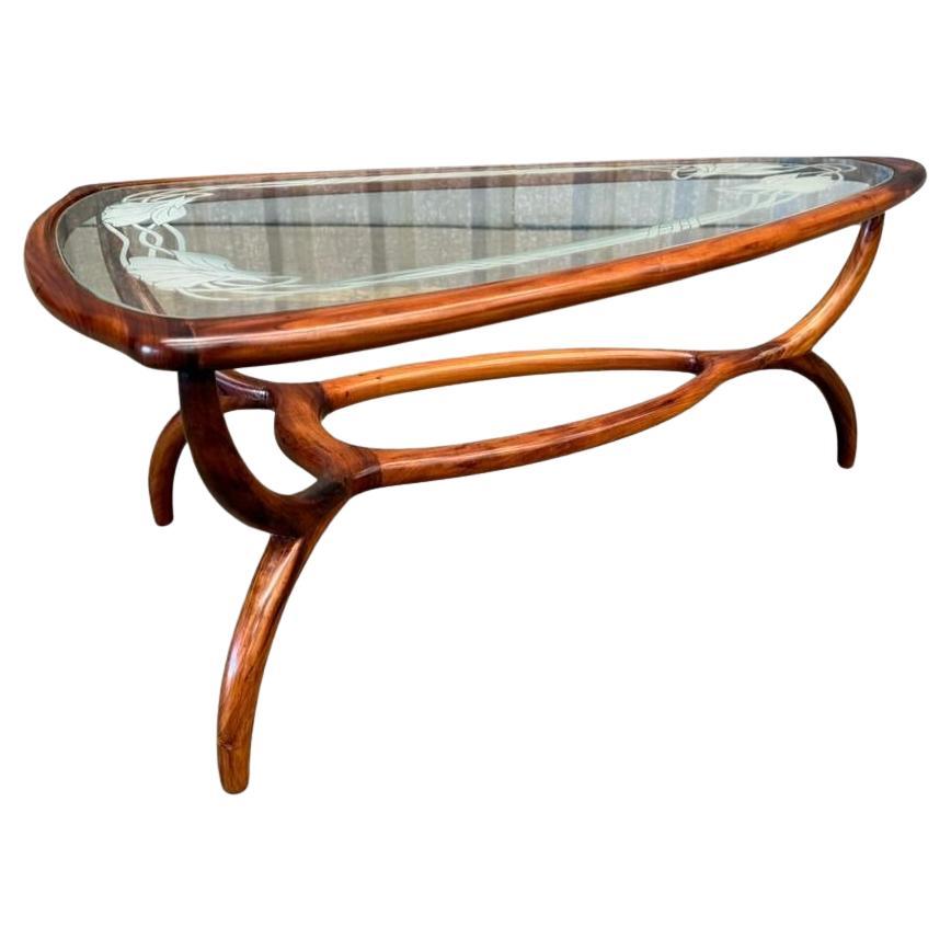 Table basse moderne brésilienne en bois dur et verre, Giuseppe Scapinelli, années 1950