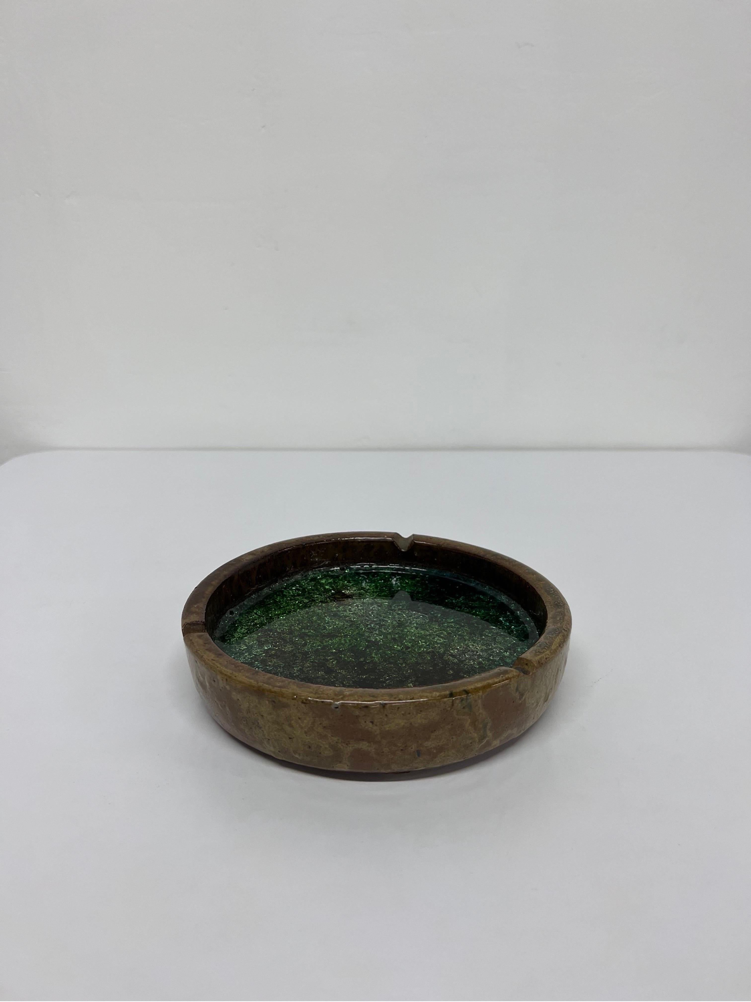 20th Century Brazilian Modern Crackled Glass Stoneware Ashtray or Catchall, 1950s