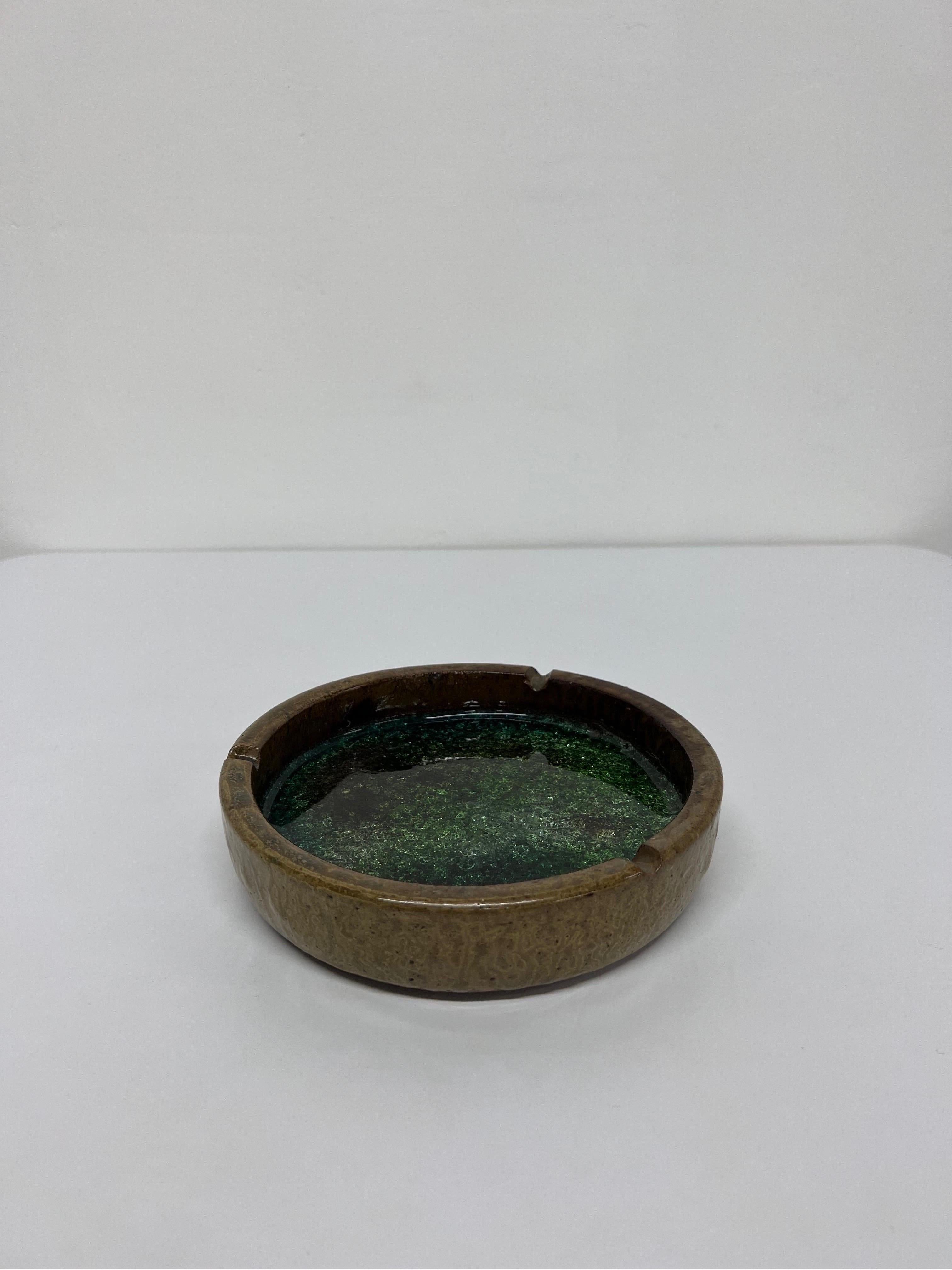 Brazilian Modern Crackled Glass Stoneware Ashtray or Catchall, 1950s 1