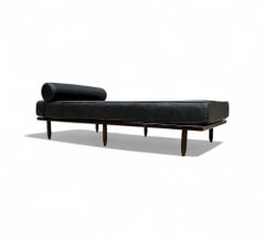 Brazilian Modern Daybed in Hardwood & Black Leather, Carlo Hauner, Brazil, 1950s