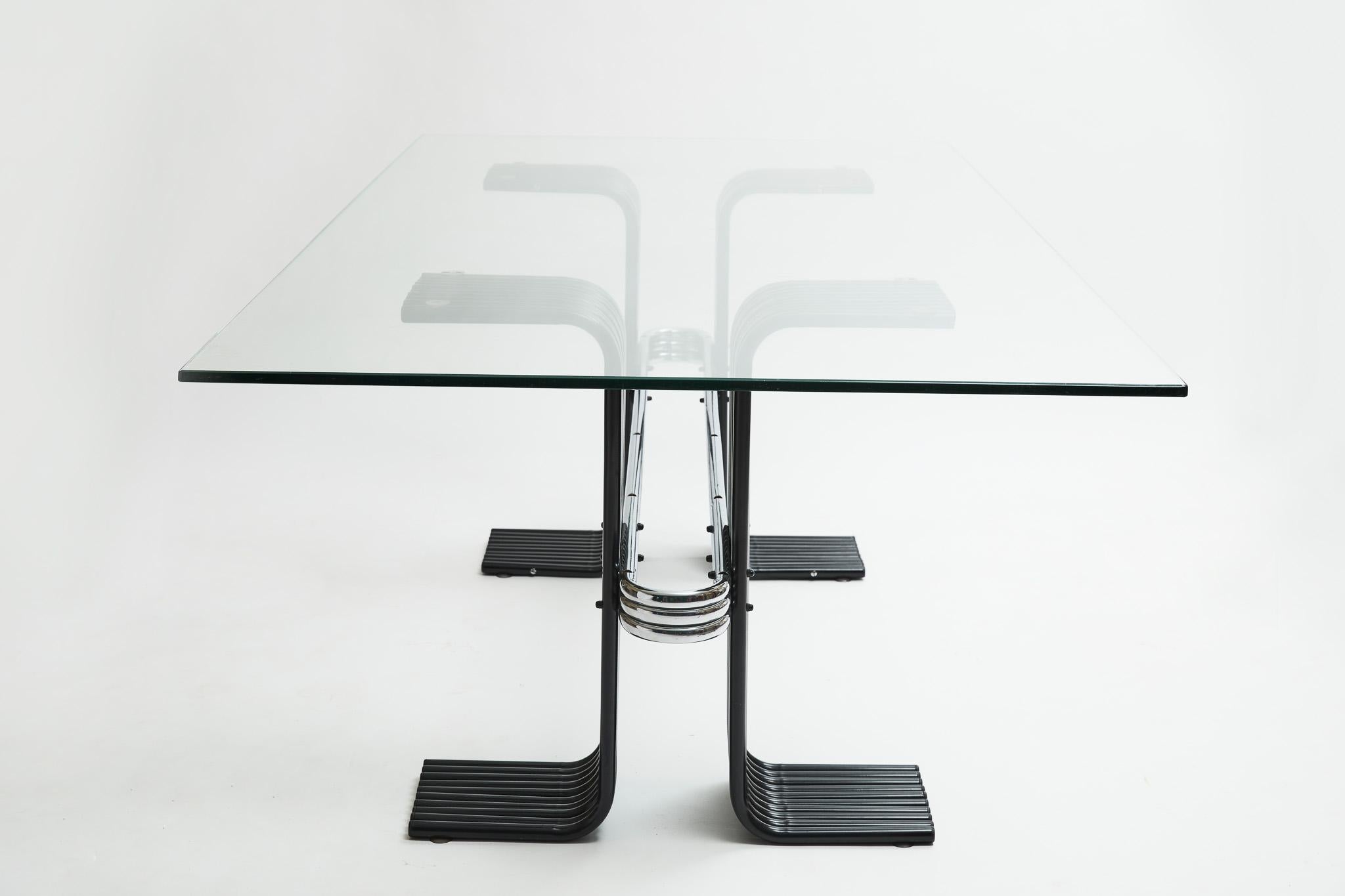Metalwork Brazilian Modern Dining Table in Black Painted Iron, Chrome & Glass, Forma, 1970 For Sale