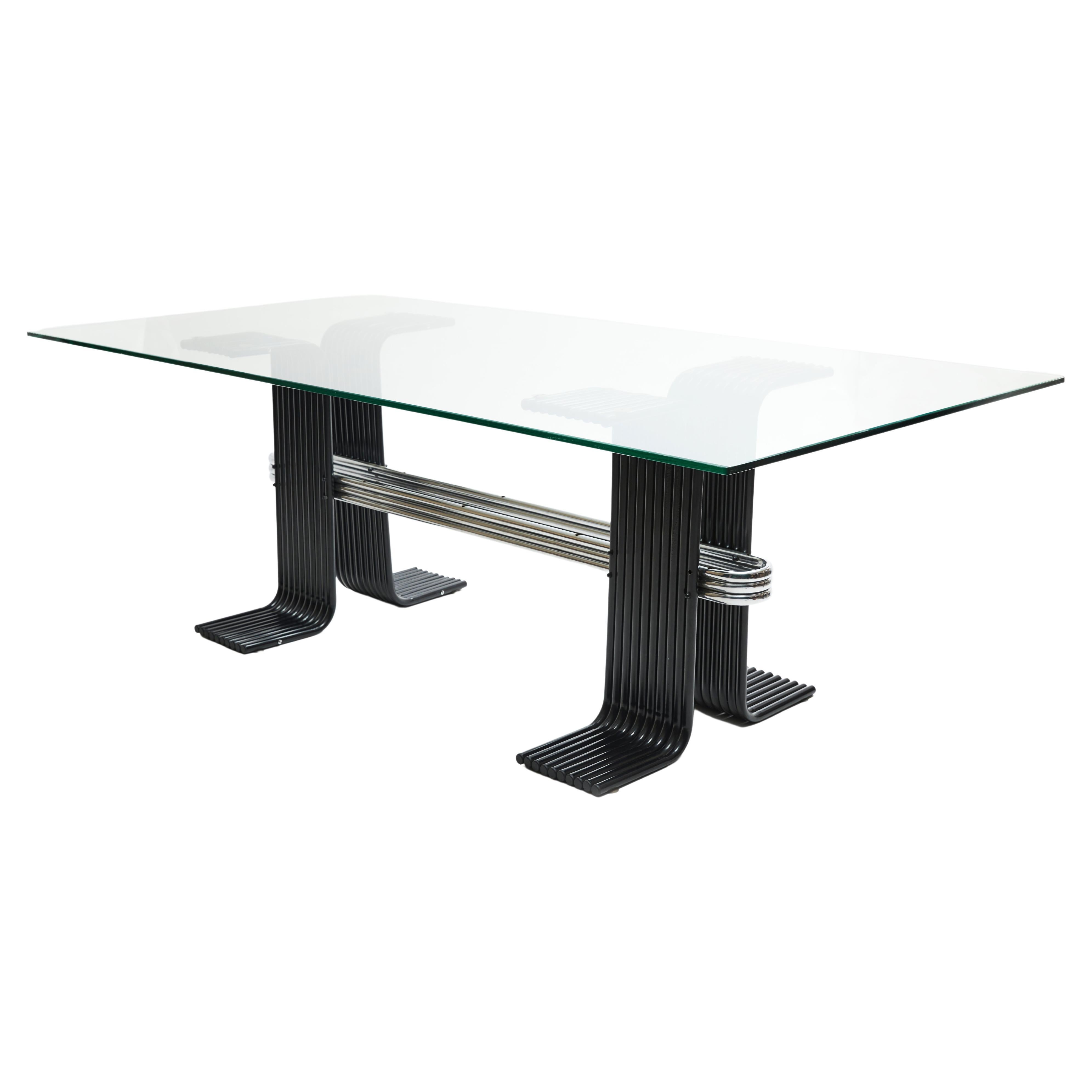 Brazilian Modern Dining Table in Black Painted Iron, Chrome & Glass, Forma, 1970