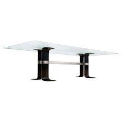 Tavolo da pranzo moderno brasiliano in ferro verniciato nero, cromo e vetro, Forma, 1970