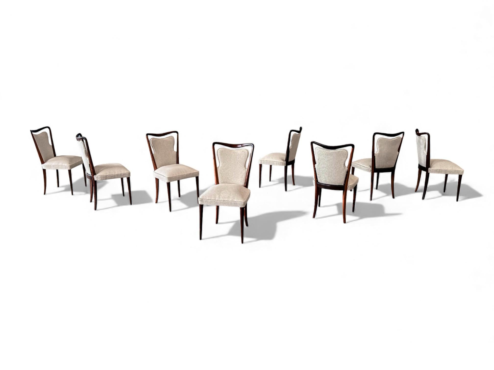 Modernes brasilianisches Set mit acht Stühlen aus Hartholz und Stoff, Giuseppe Scapinelli, 1950 (Handbemalt) im Angebot