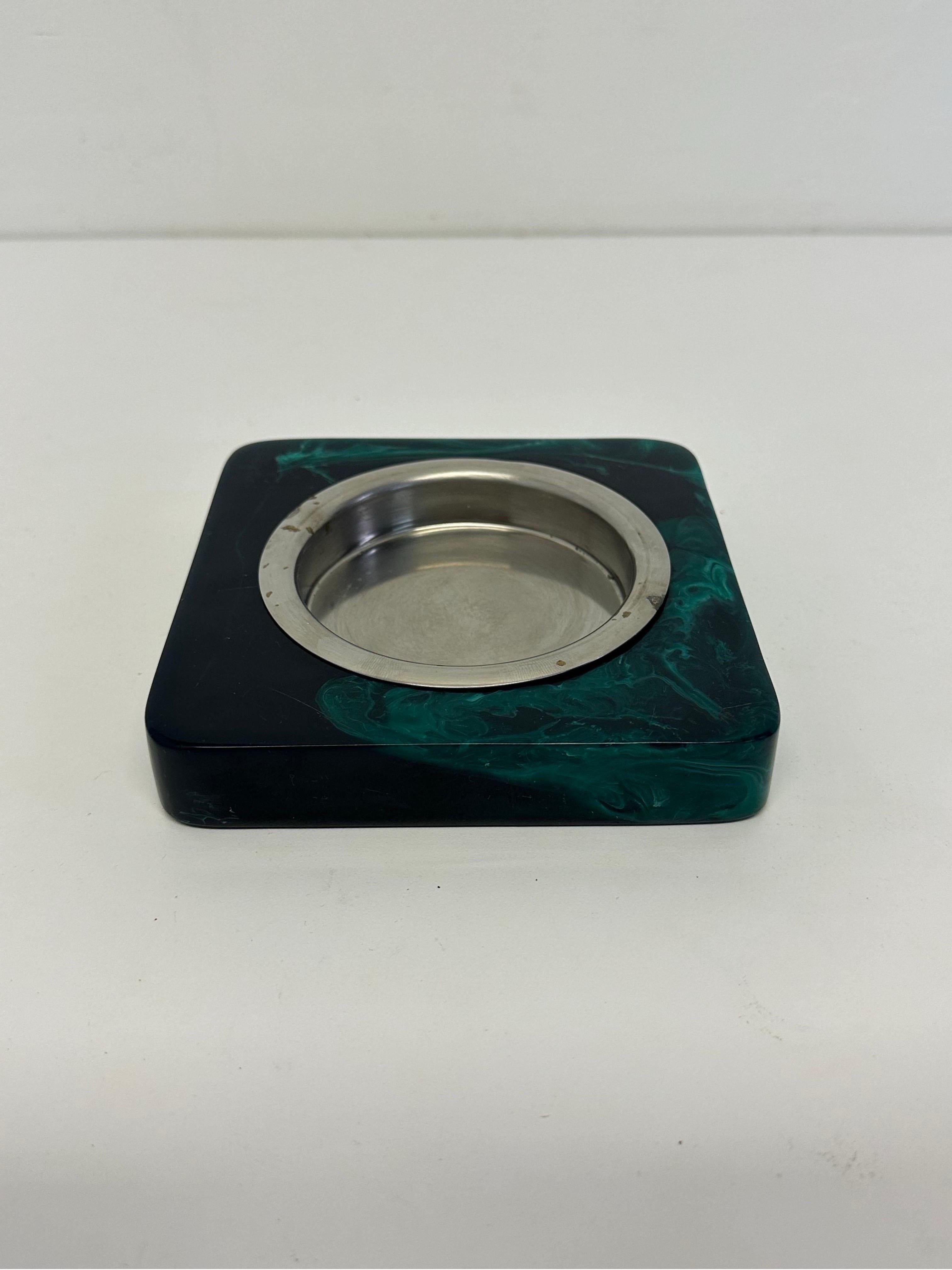 Mid-Century faux malachite resin base with removable silver tray insert from Brazil, 1960s.  Good to use as an ashtray or catch all.