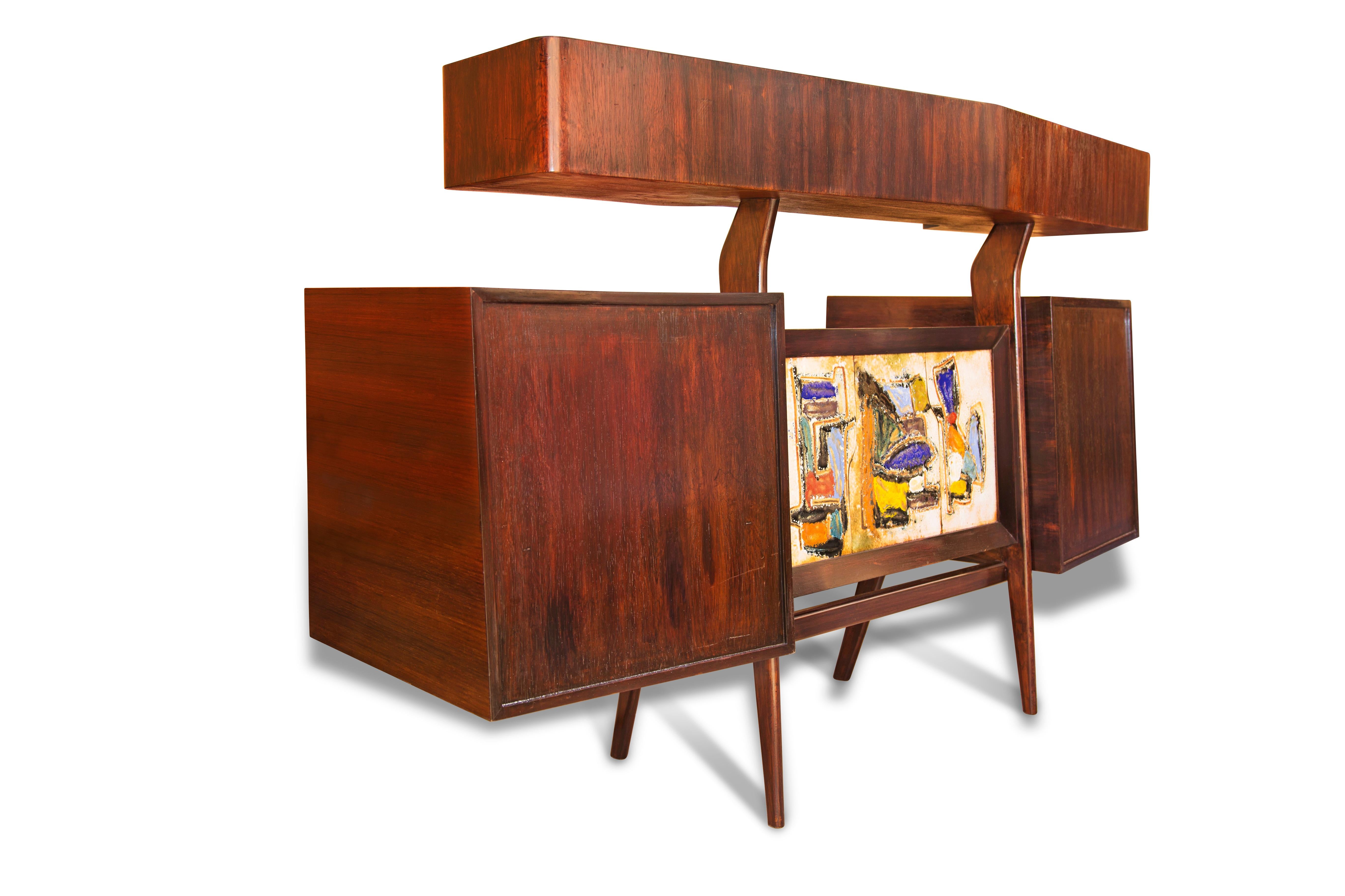 Mid-Century Modern Brazilian Modern Hand Painted Bar in Hardwood by G. Scapinelli, 1950s, Brazil