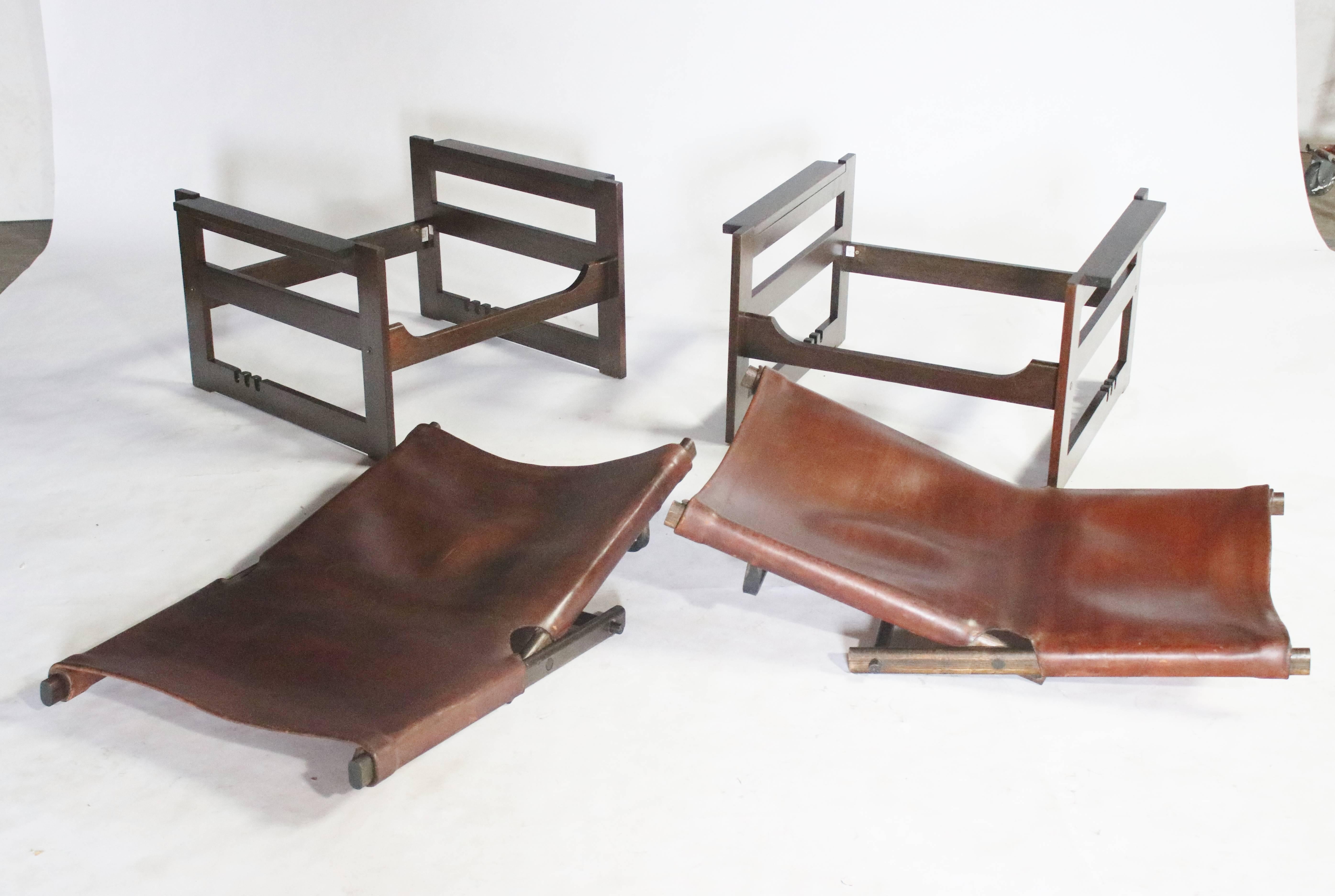 Brazilian Modern Jacaranda and Saddle Leather Sling Chairs 1