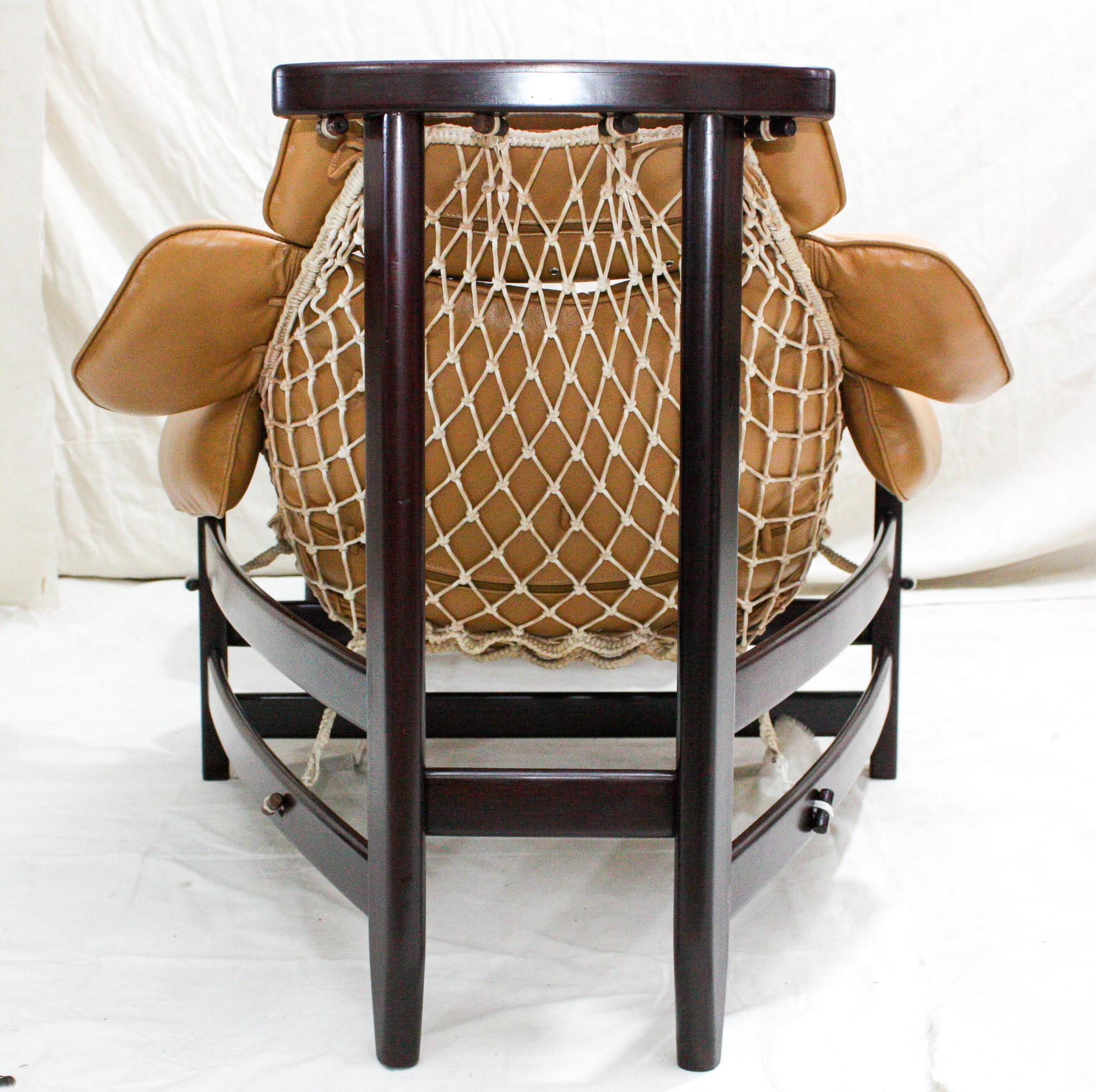 Brazilian Modern “Jangada” Armchair & Stool in Hardwood & Leather, Jean Gillon For Sale 2