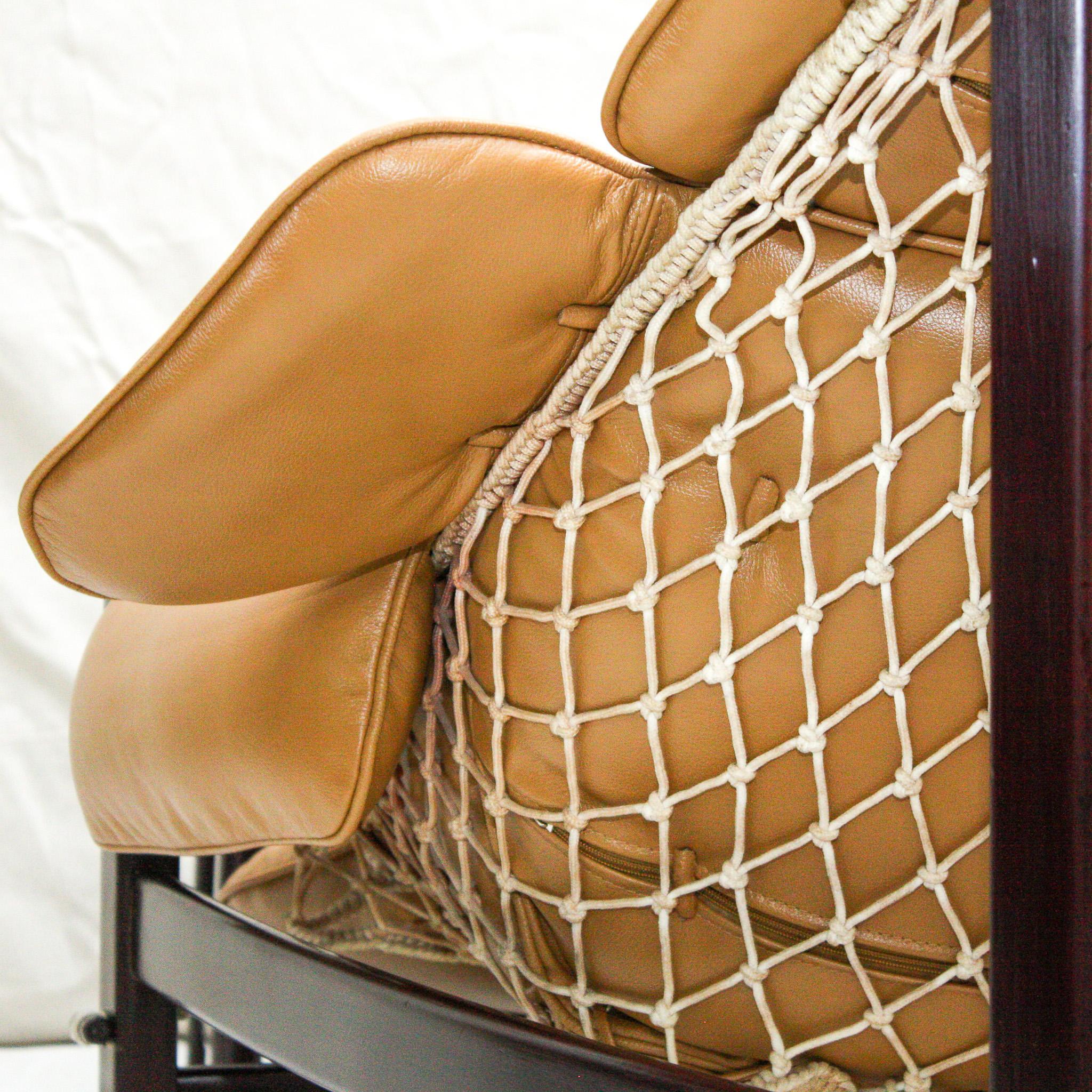 Brazilian Modern “Jangada” Armchair & Stool in Hardwood & Leather, Jean Gillon For Sale 3