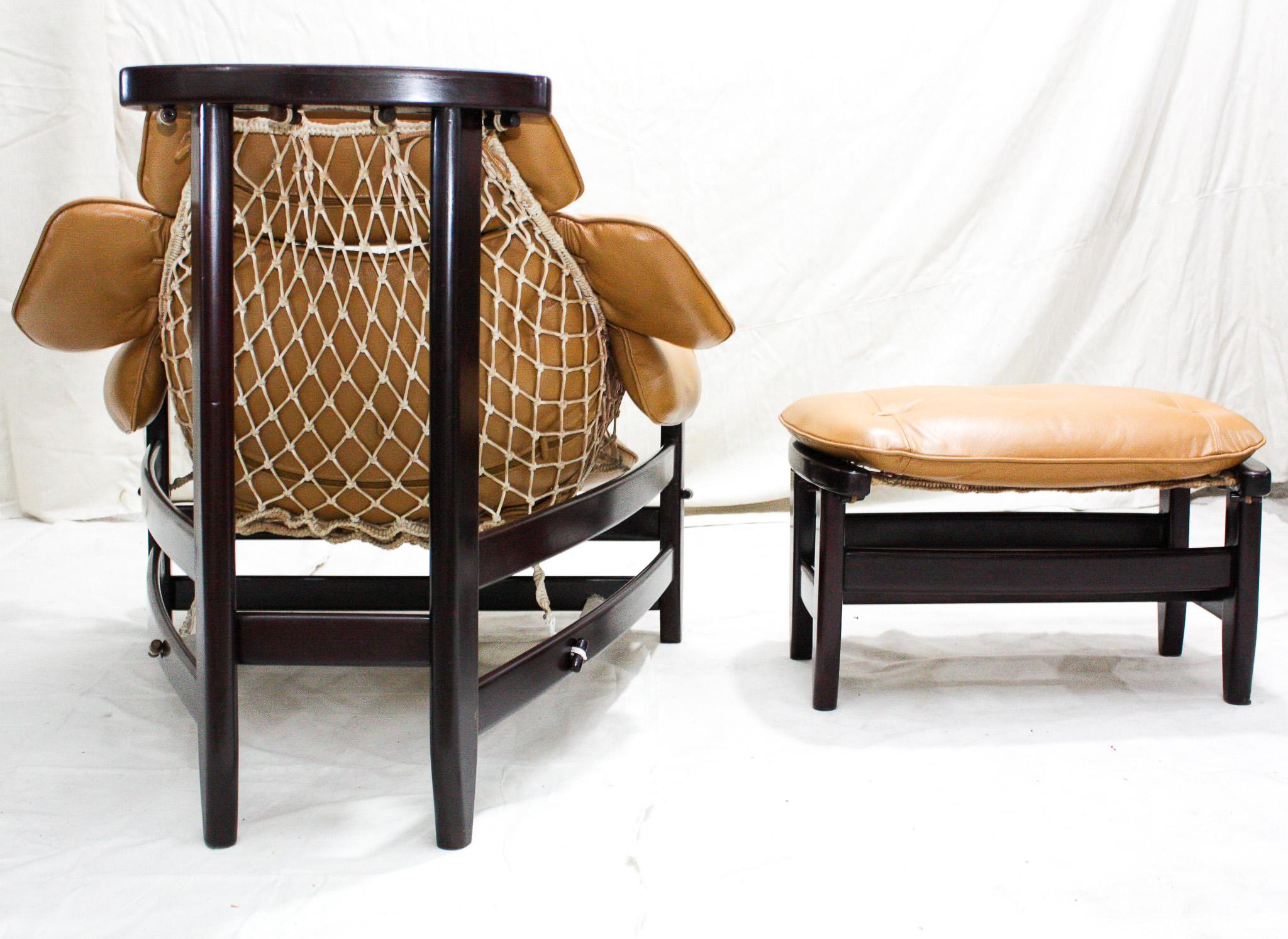 Brazilian Modern “Jangada” Armchair & Stool in Hardwood & Leather, Jean Gillon For Sale 4