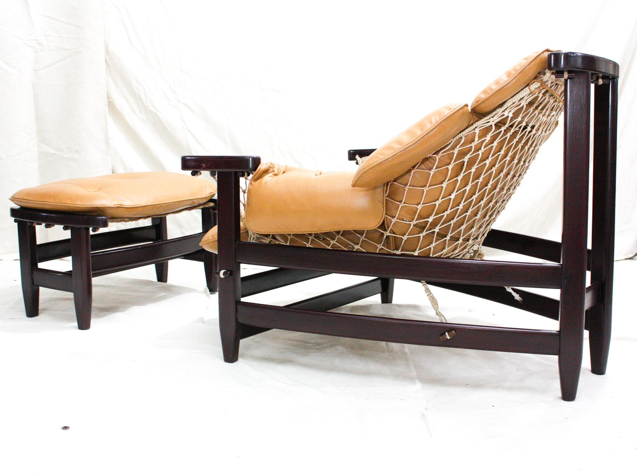Brazilian Modern “Jangada” Armchair & Stool in Hardwood & Leather, Jean Gillon For Sale 5