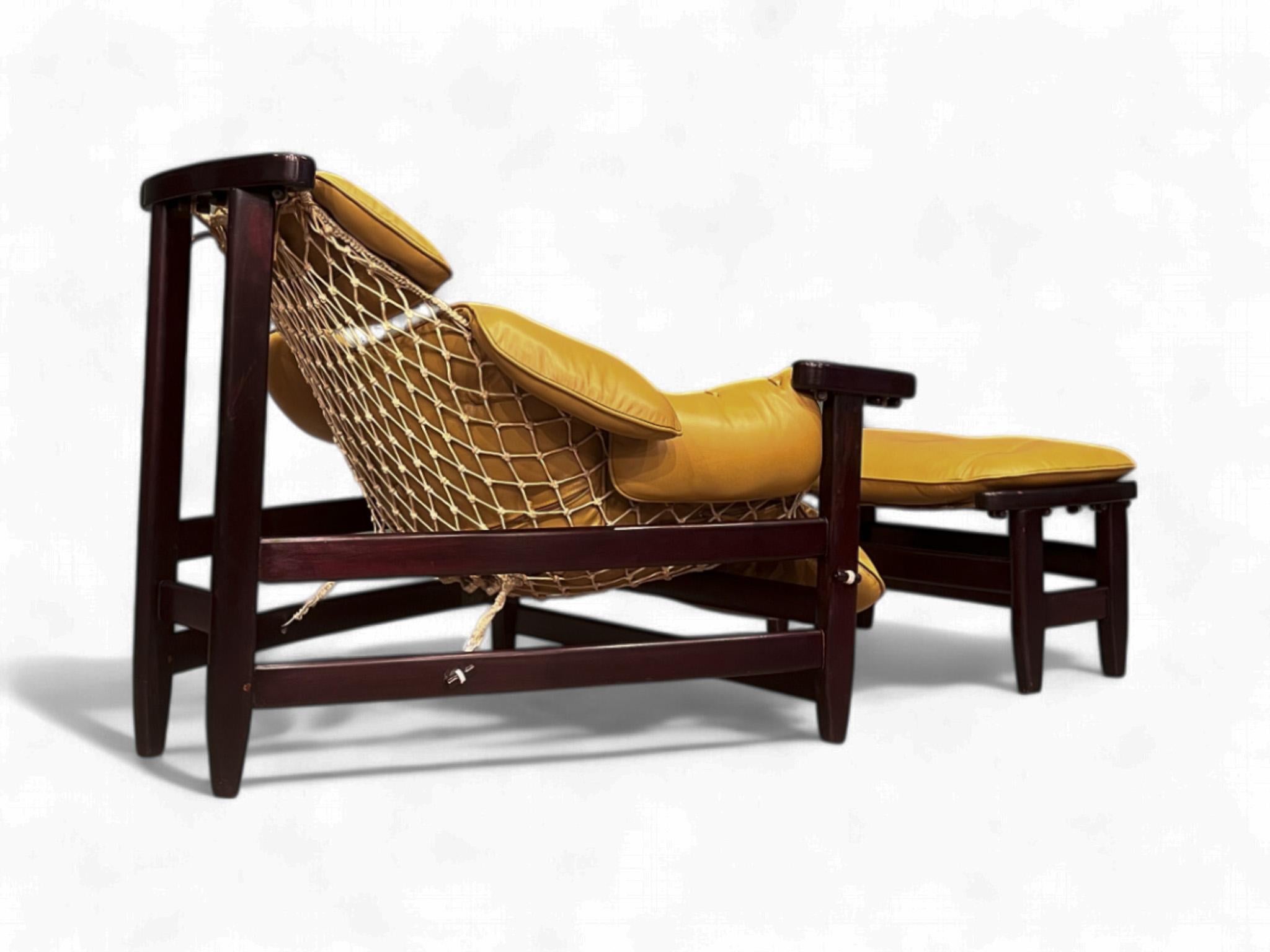 Brazilian Modern “Jangada” Armchair & Stool in Hardwood & Leather, Jean Gillon For Sale 5