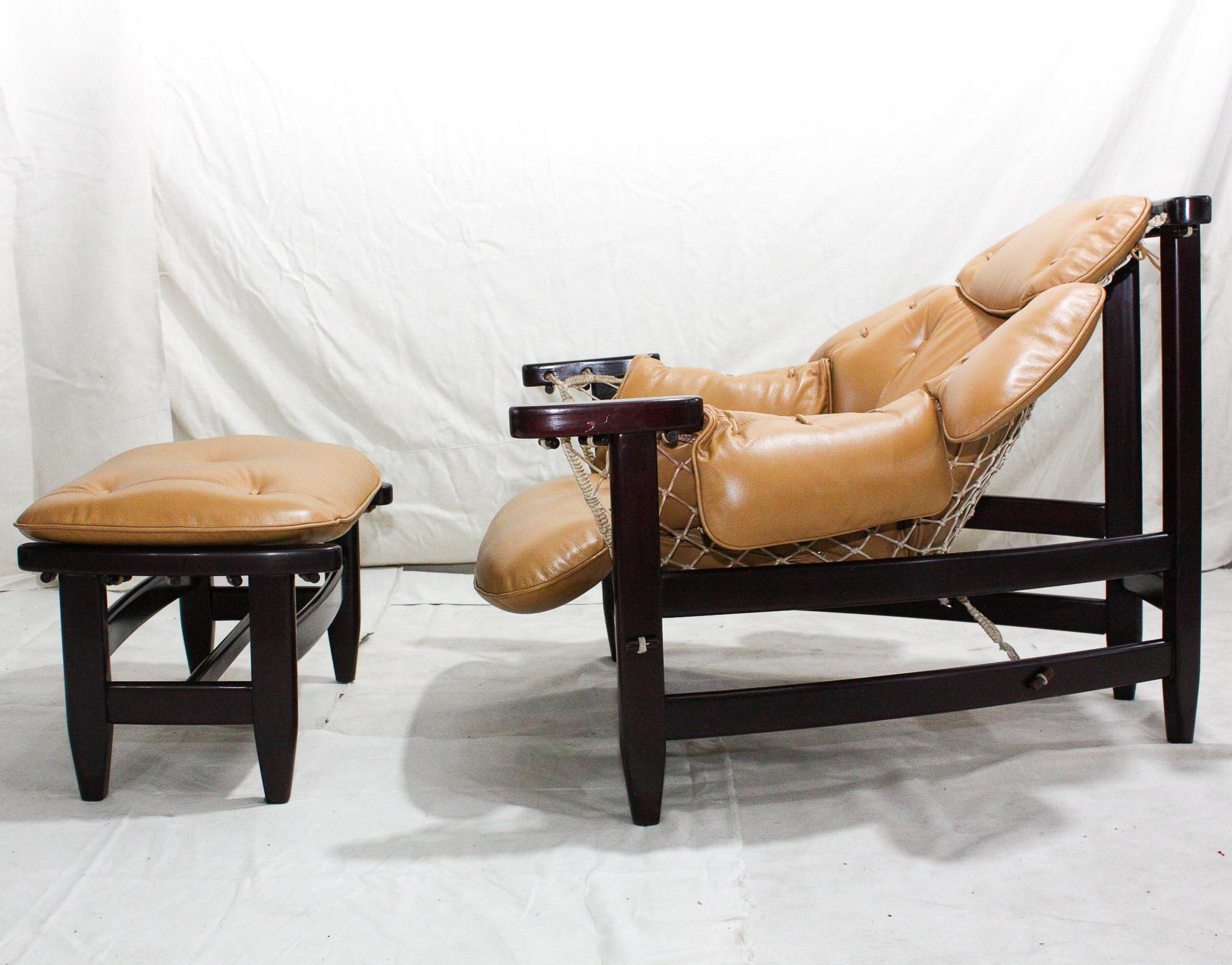 Brazilian Modern “Jangada” Armchair & Stool in Hardwood & Leather, Jean Gillon For Sale 6