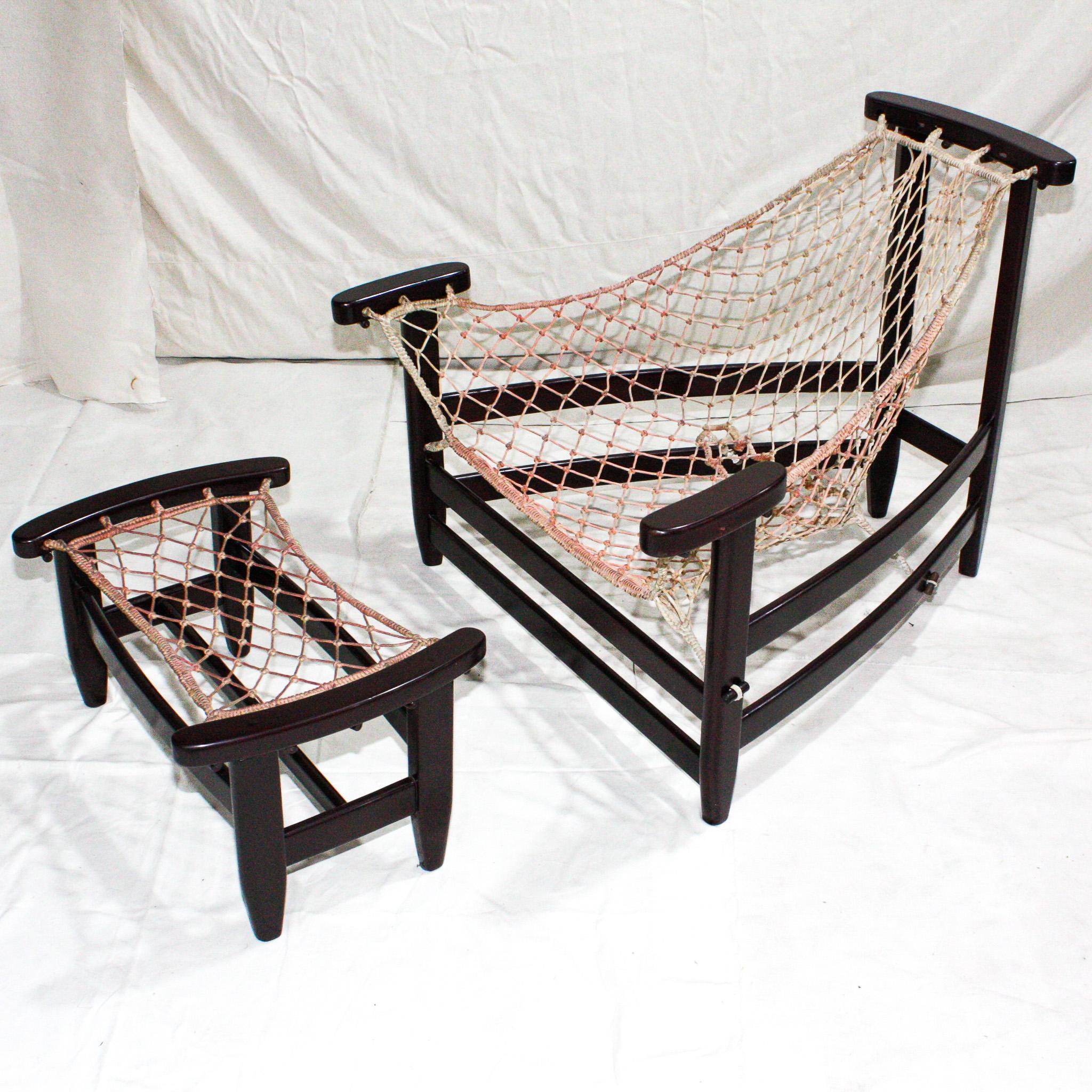 Brazilian Modern “Jangada” Armchair & Stool in Hardwood & Leather, Jean Gillon For Sale 7