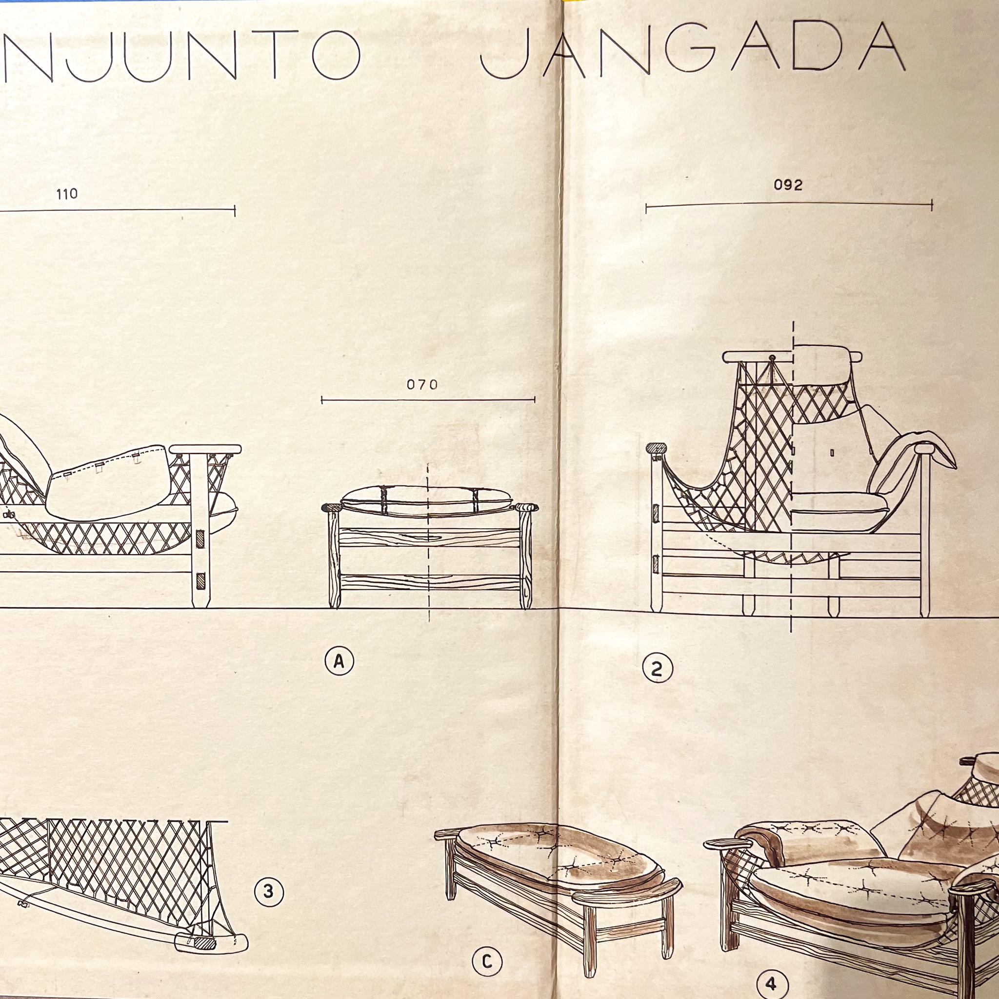 Fauteuil et tabouret moderne brésilien Jangada en bois de feuillus et cuir, Jean Gillon en vente 11