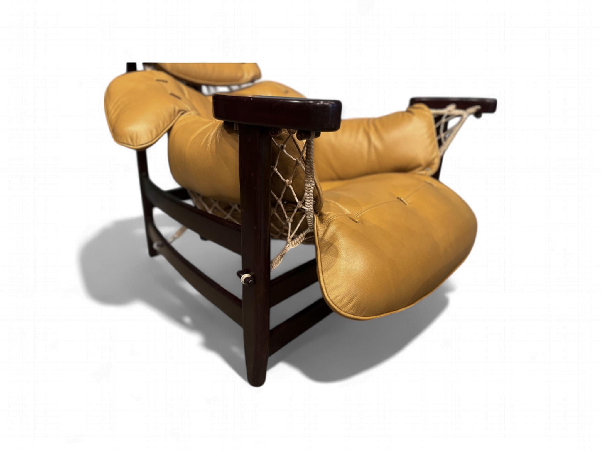 Mid-Century Modern Brazilian Modern “Jangada” Armchair & Stool in Hardwood & Leather, Jean Gillon For Sale