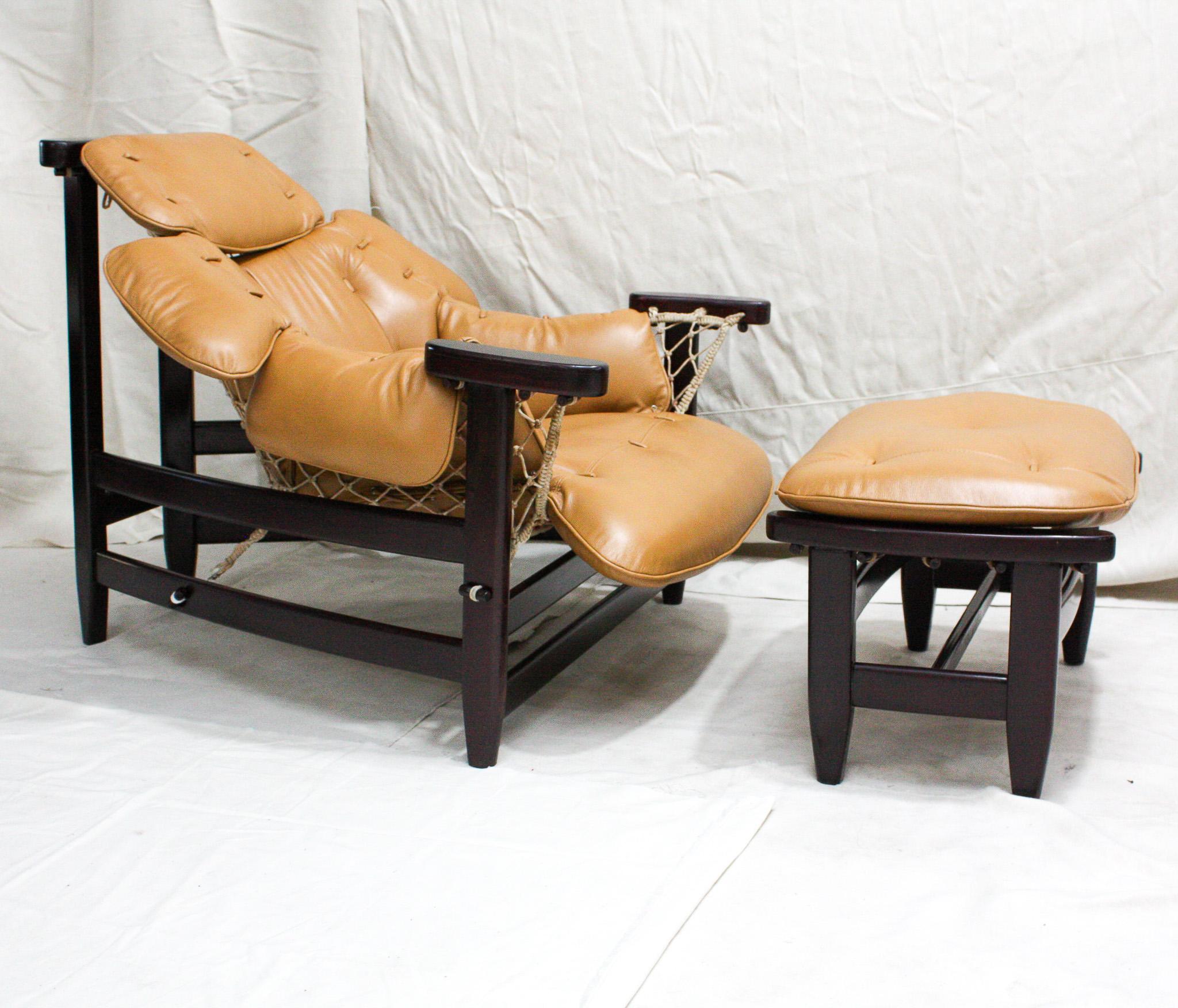 Mid-Century Modern Brazilian Modern “Jangada” Armchair & Stool in Hardwood & Leather, Jean Gillon For Sale