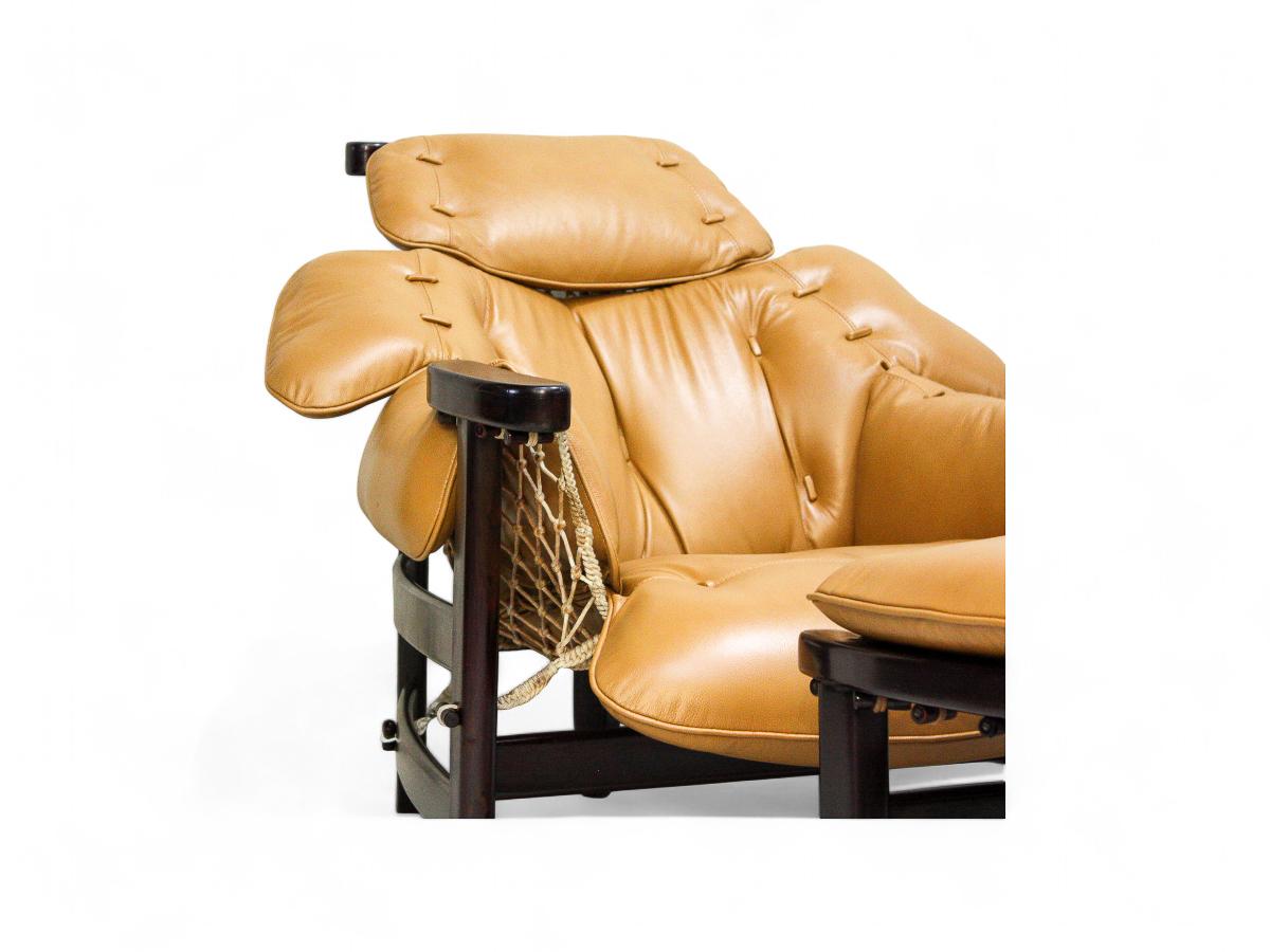 Hand-Crafted Brazilian Modern “Jangada” Armchair & Stool in Hardwood & Leather, Jean Gillon For Sale