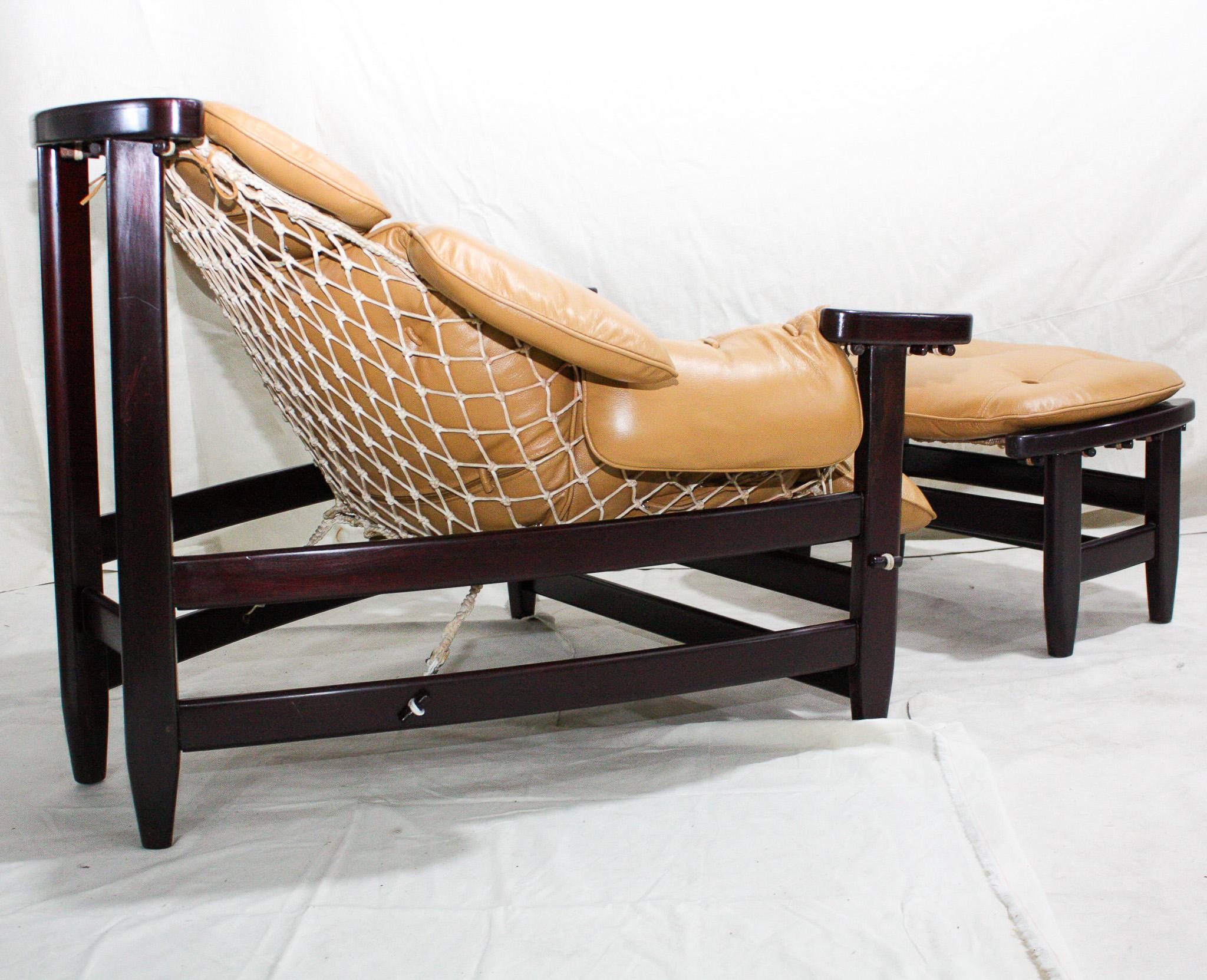 Hand-Crafted Brazilian Modern “Jangada” Armchair & Stool in Hardwood & Leather, Jean Gillon For Sale